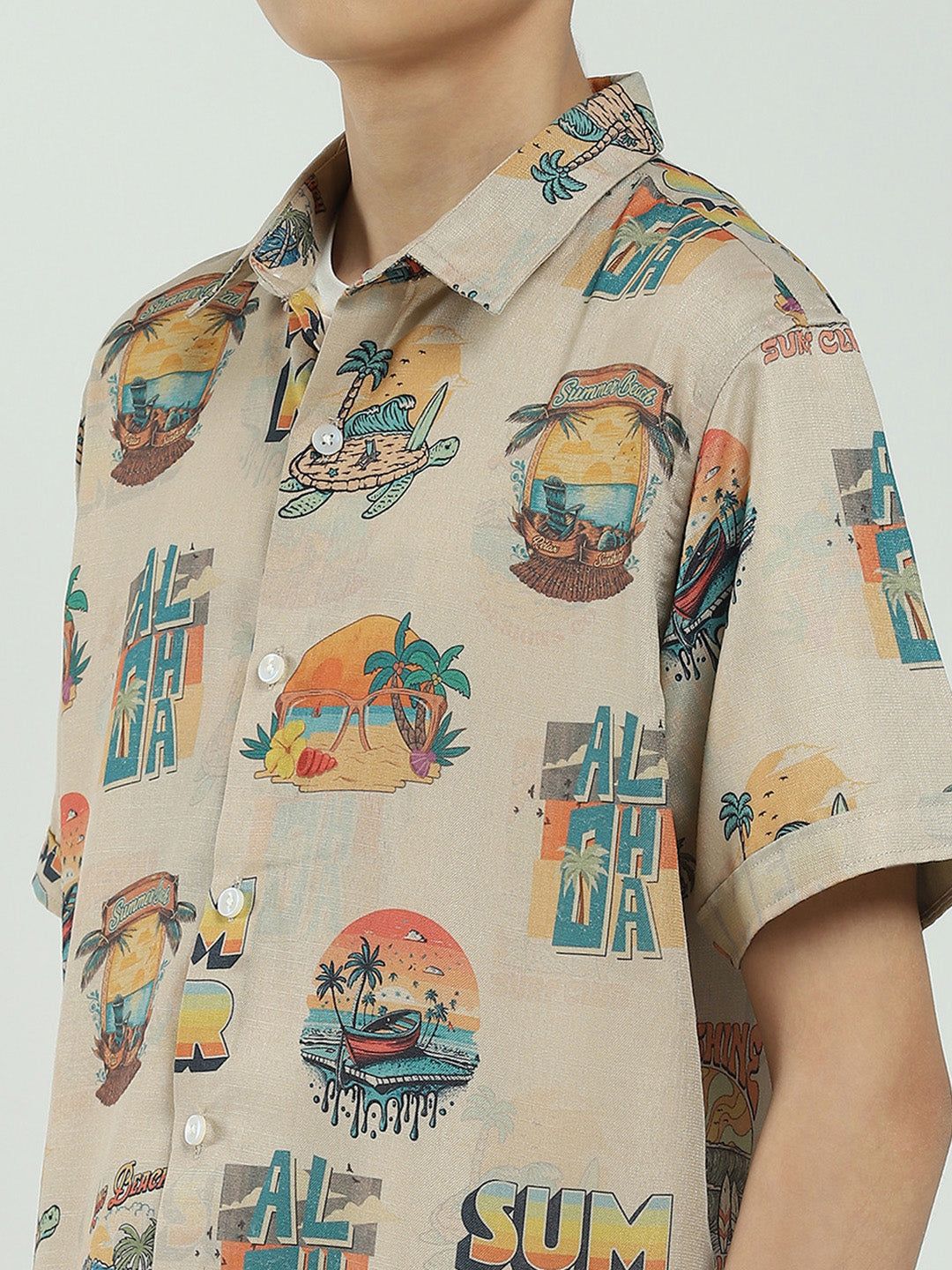 Boys Beige Printed Collar Half Sleeve Cords Set