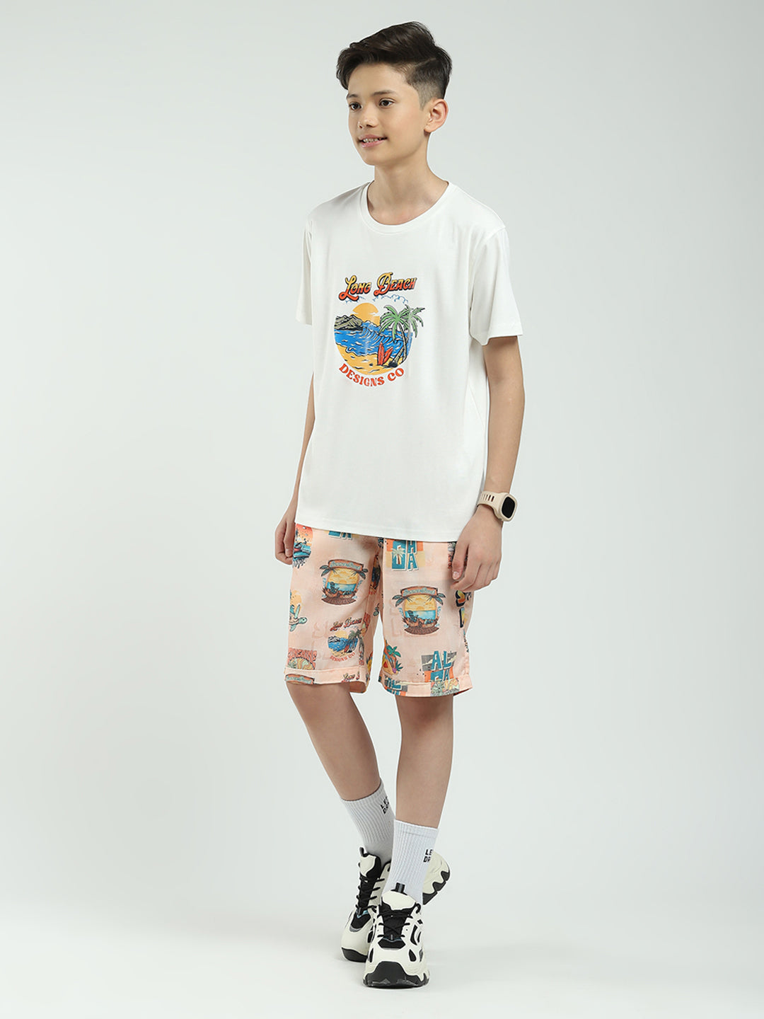 Boys Peach Printed Collar Half Sleeve Cords Set