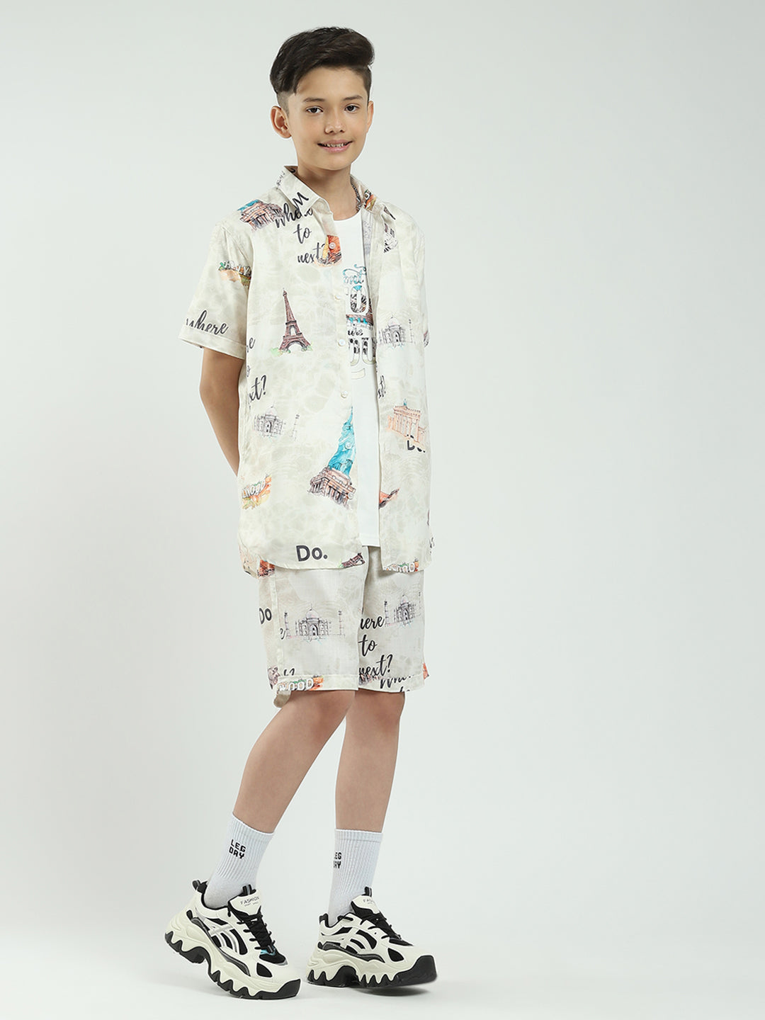 Boys Beige Printed Collar Half Sleeve Cords Set