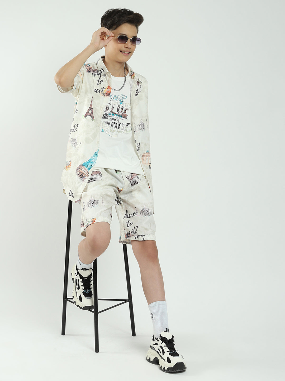 Boys Beige Printed Collar Half Sleeve Cords Set