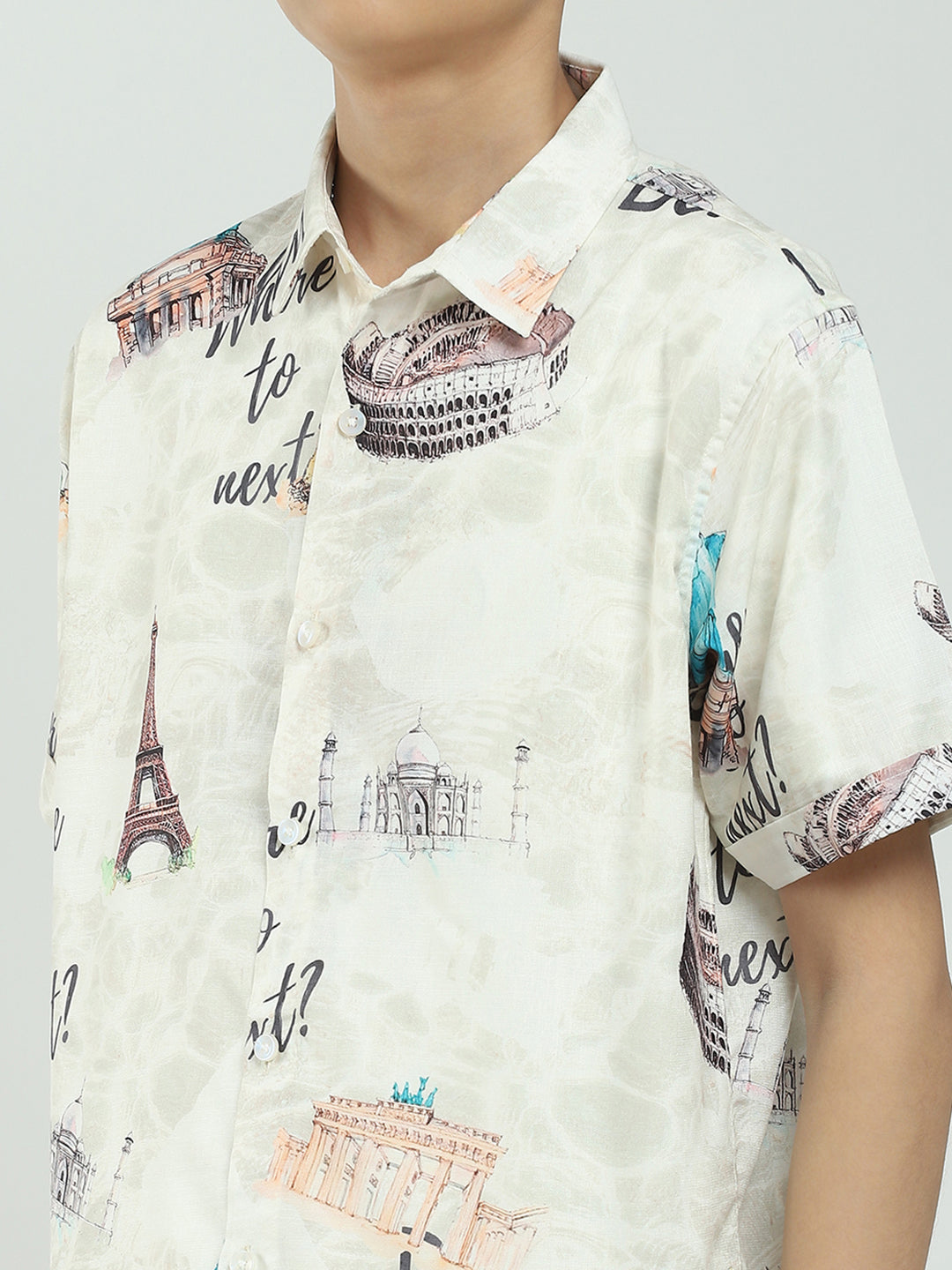 Boys Beige Printed Collar Half Sleeve Cords Set