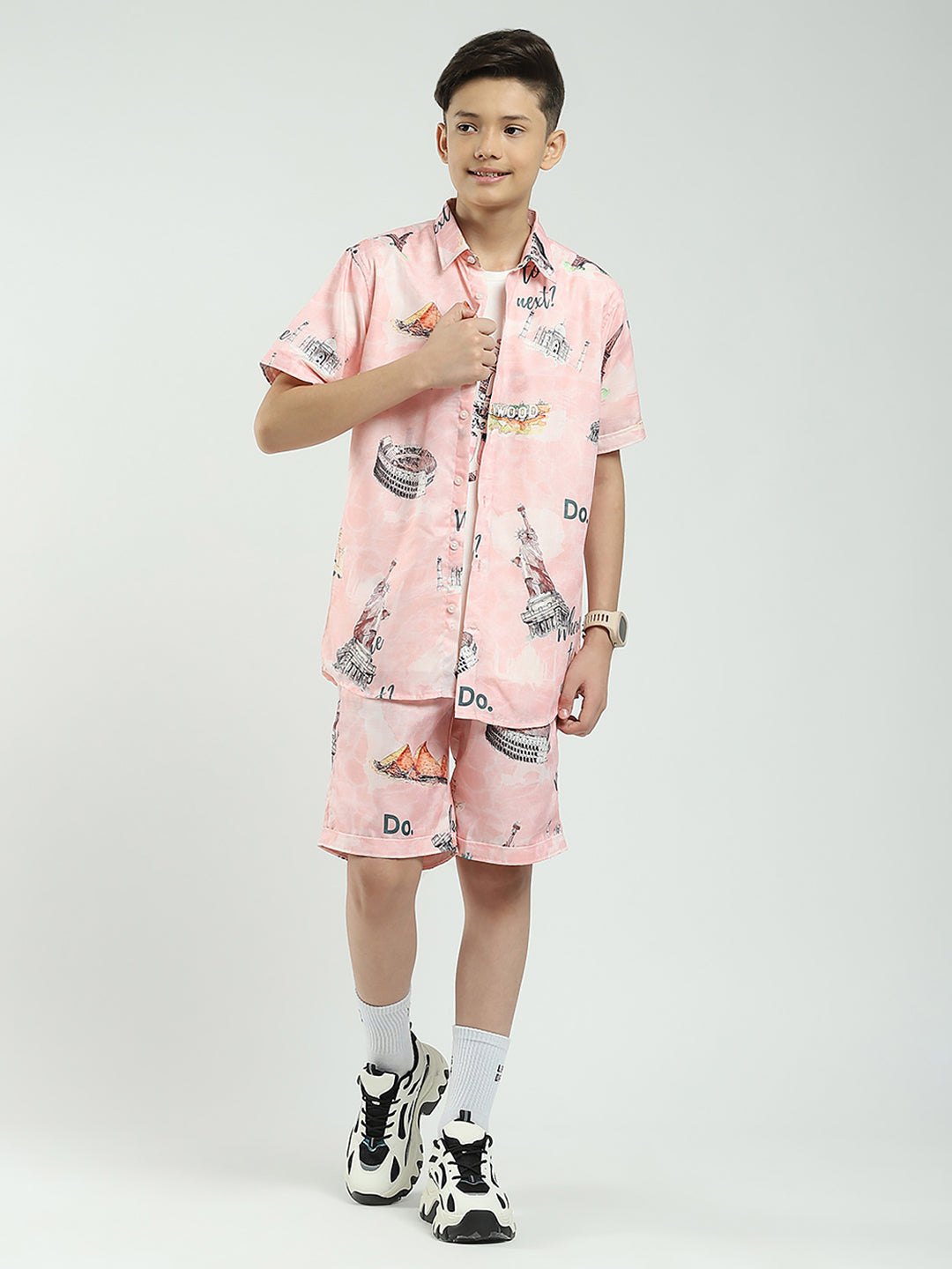 Boys Pink Printed Collar Half Sleeve Cords Set