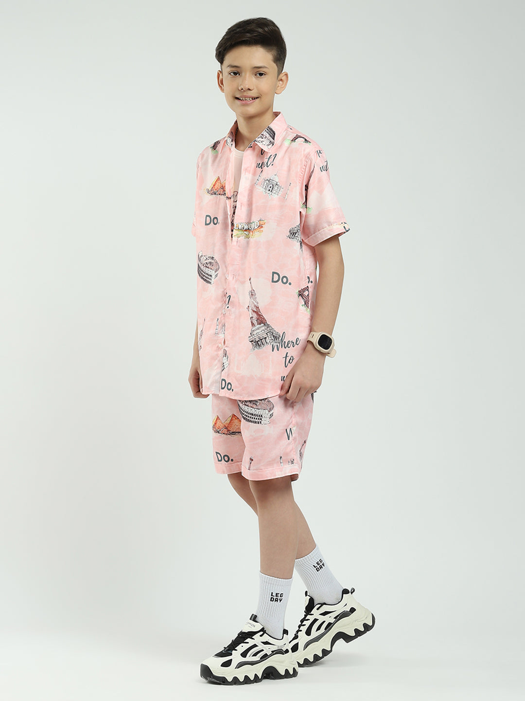 Boys Pink Printed Collar Half Sleeve Cords Set