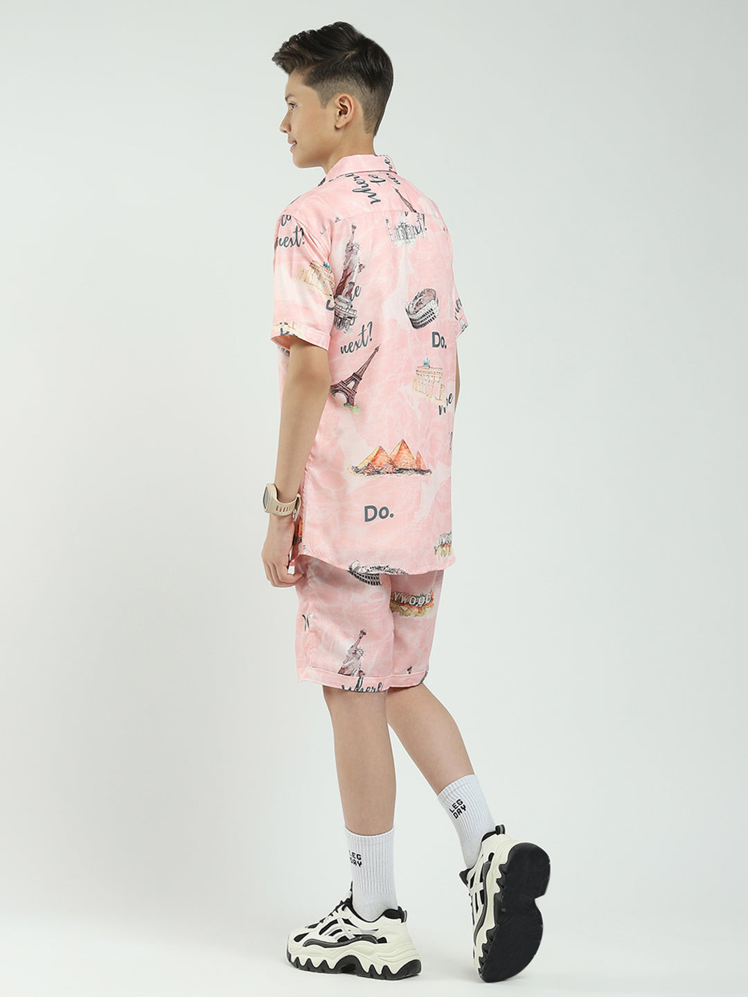 Boys Pink Printed Collar Half Sleeve Cords Set