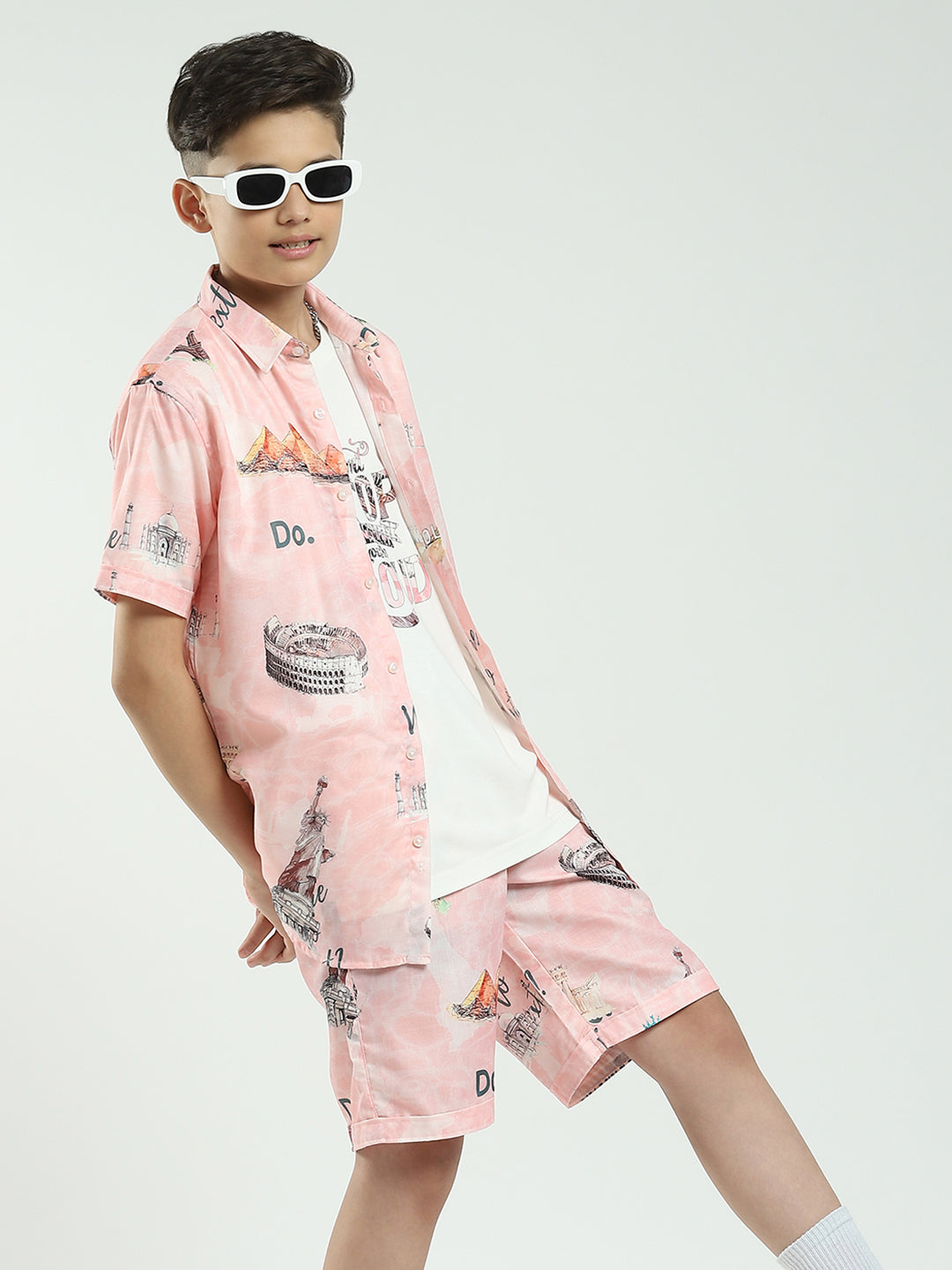 Boys Pink Printed Collar Half Sleeve Cords Set
