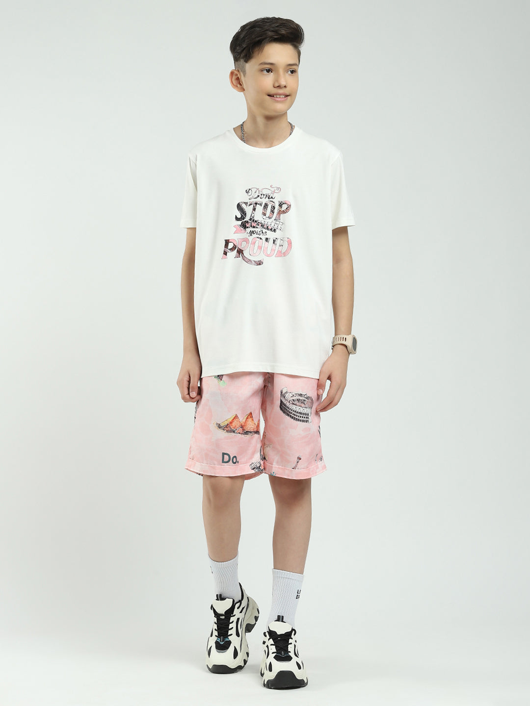Boys Pink Printed Collar Half Sleeve Cords Set