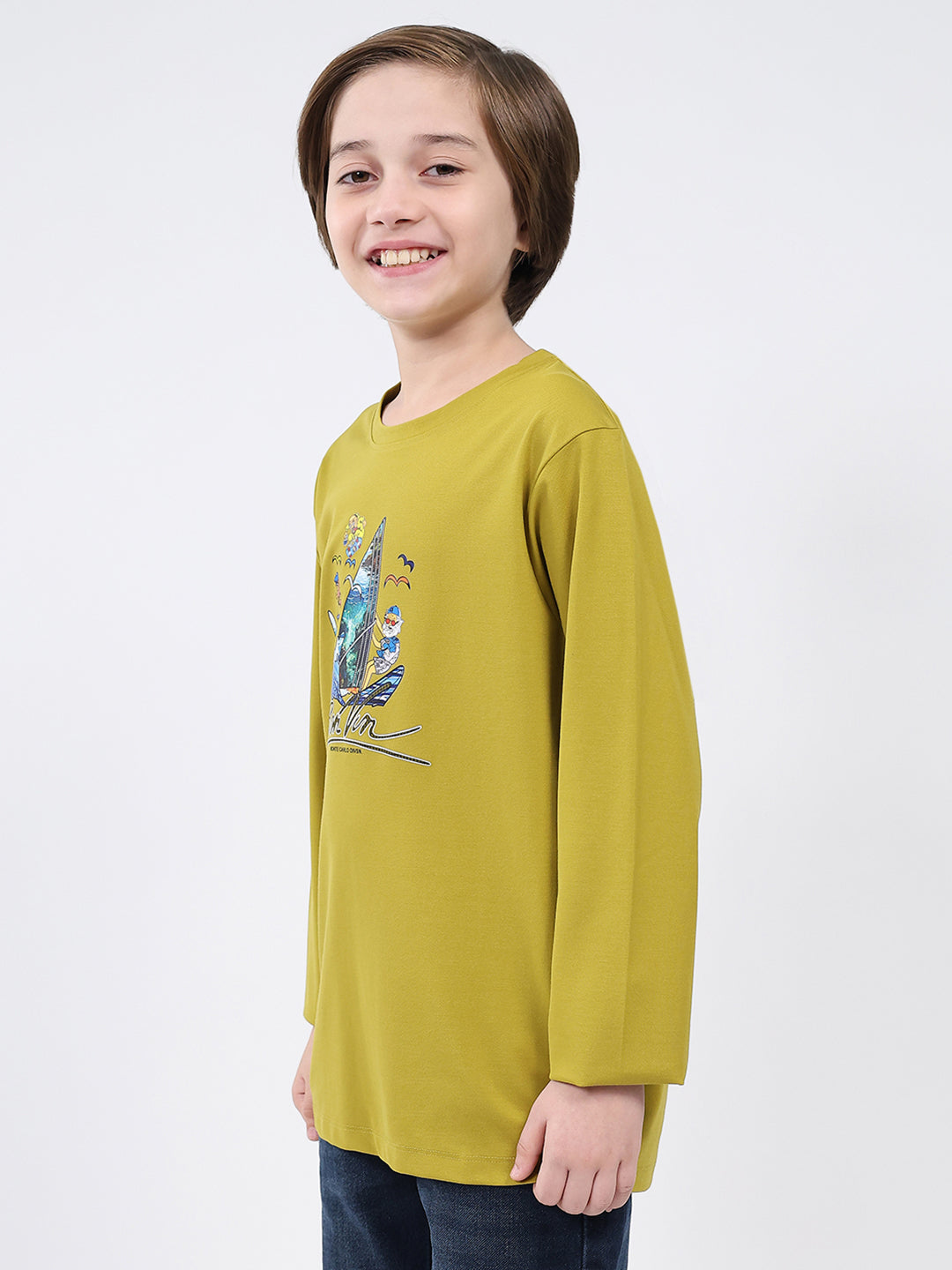 Boys Mustard Printed Round Neck Full Sleeve Winter T-Shirt