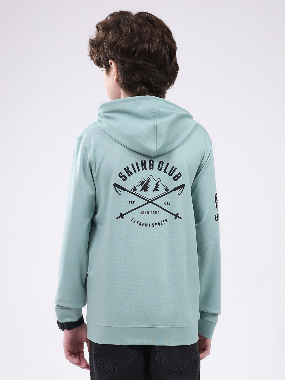 Boys Green Printed Hooded Full Sleeve Winter T-Shirt