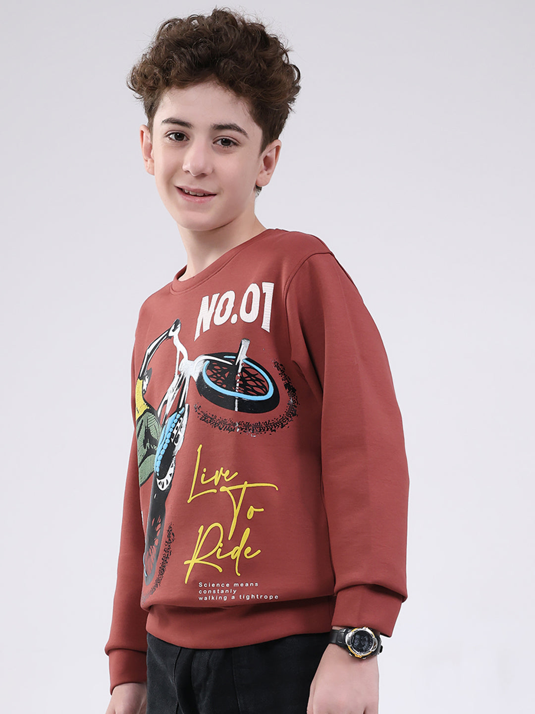 Boys Brown Printed Round Neck Full Sleeve Sweatshirt