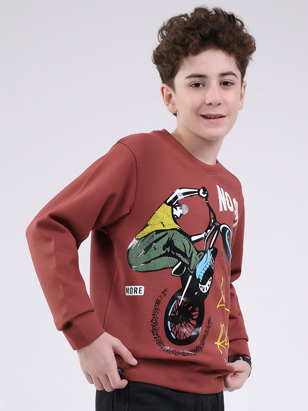 Boys Brown Printed Round Neck Full Sleeve Sweatshirt