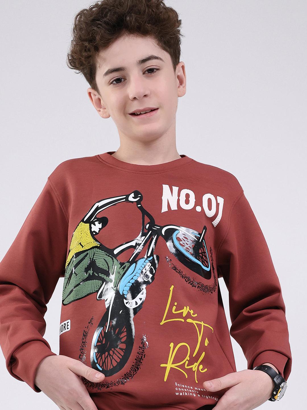 Boys Brown Printed Round Neck Full Sleeve Sweatshirt