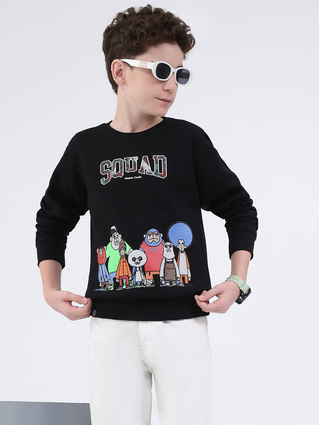 Boys Black Printed Round Neck Full Sleeve Sweatshirt