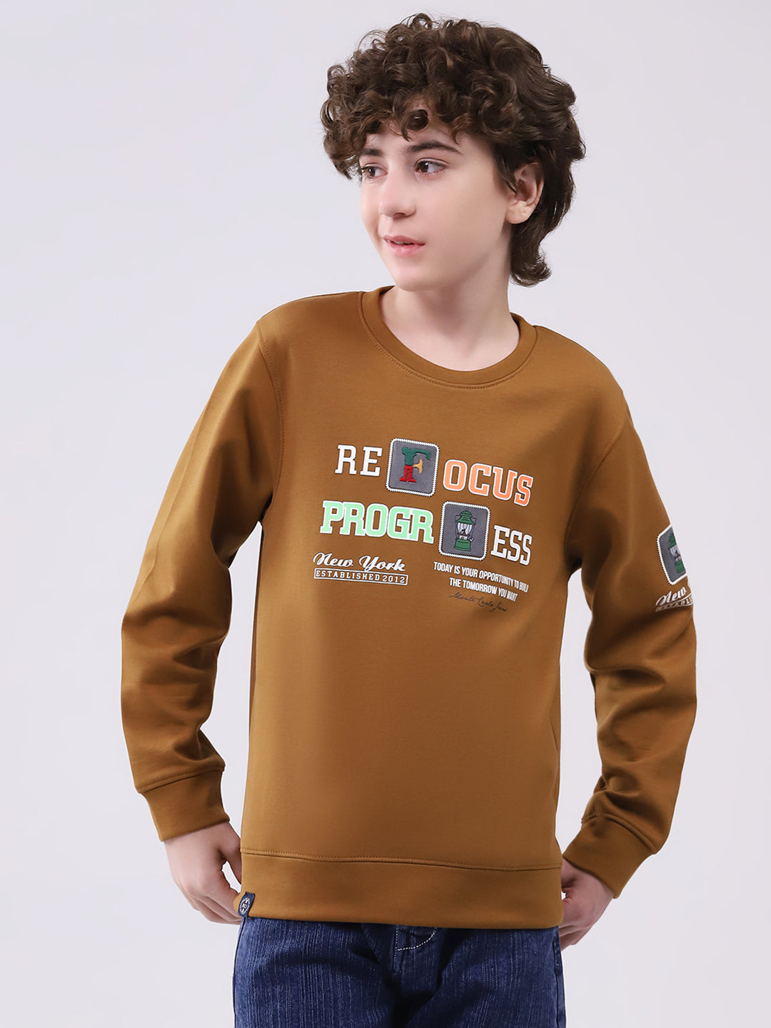 Boys Brown Printed Round Neck Full Sleeve Sweatshirt