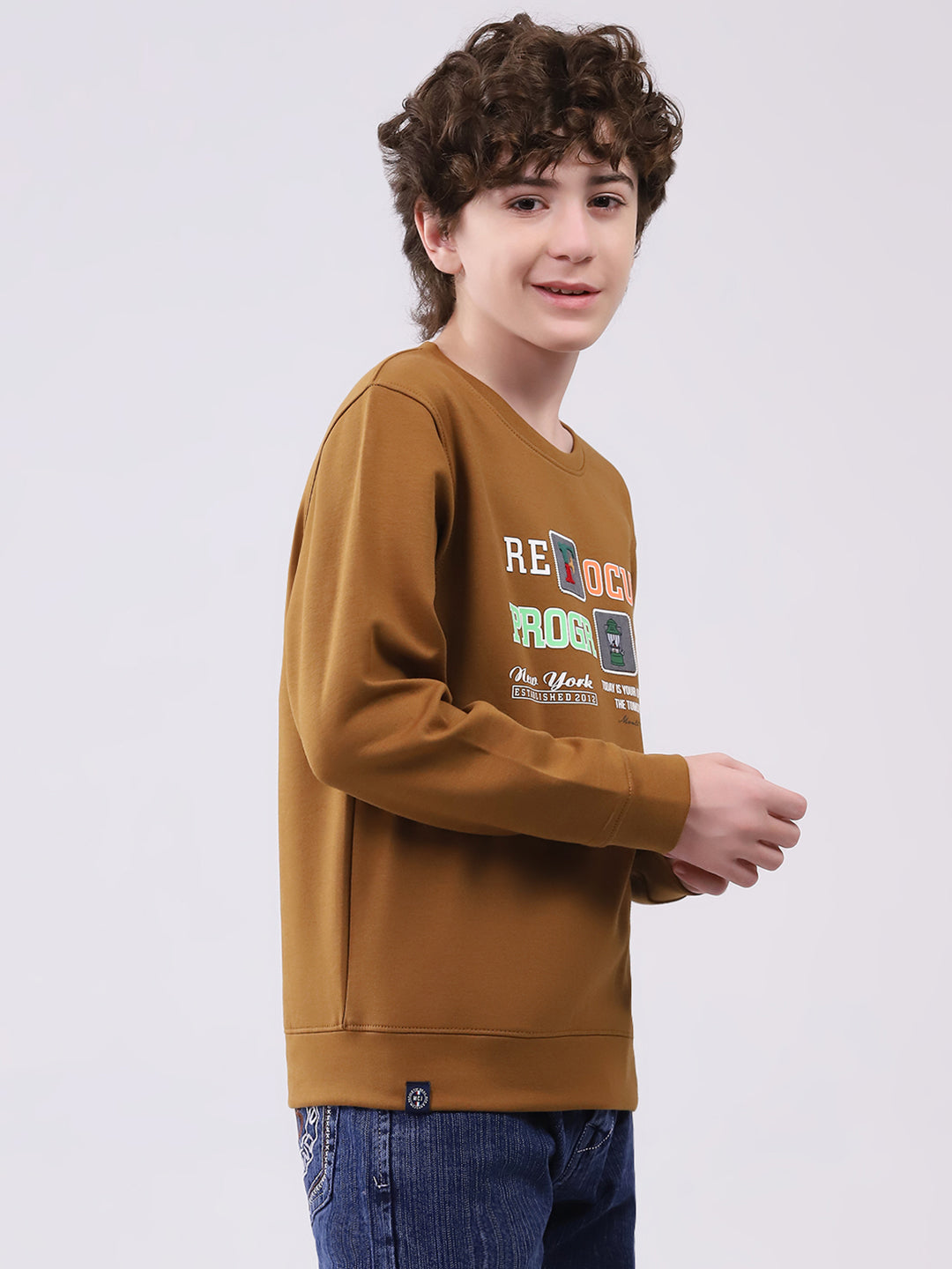 Boys Brown Printed Round Neck Full Sleeve Sweatshirt
