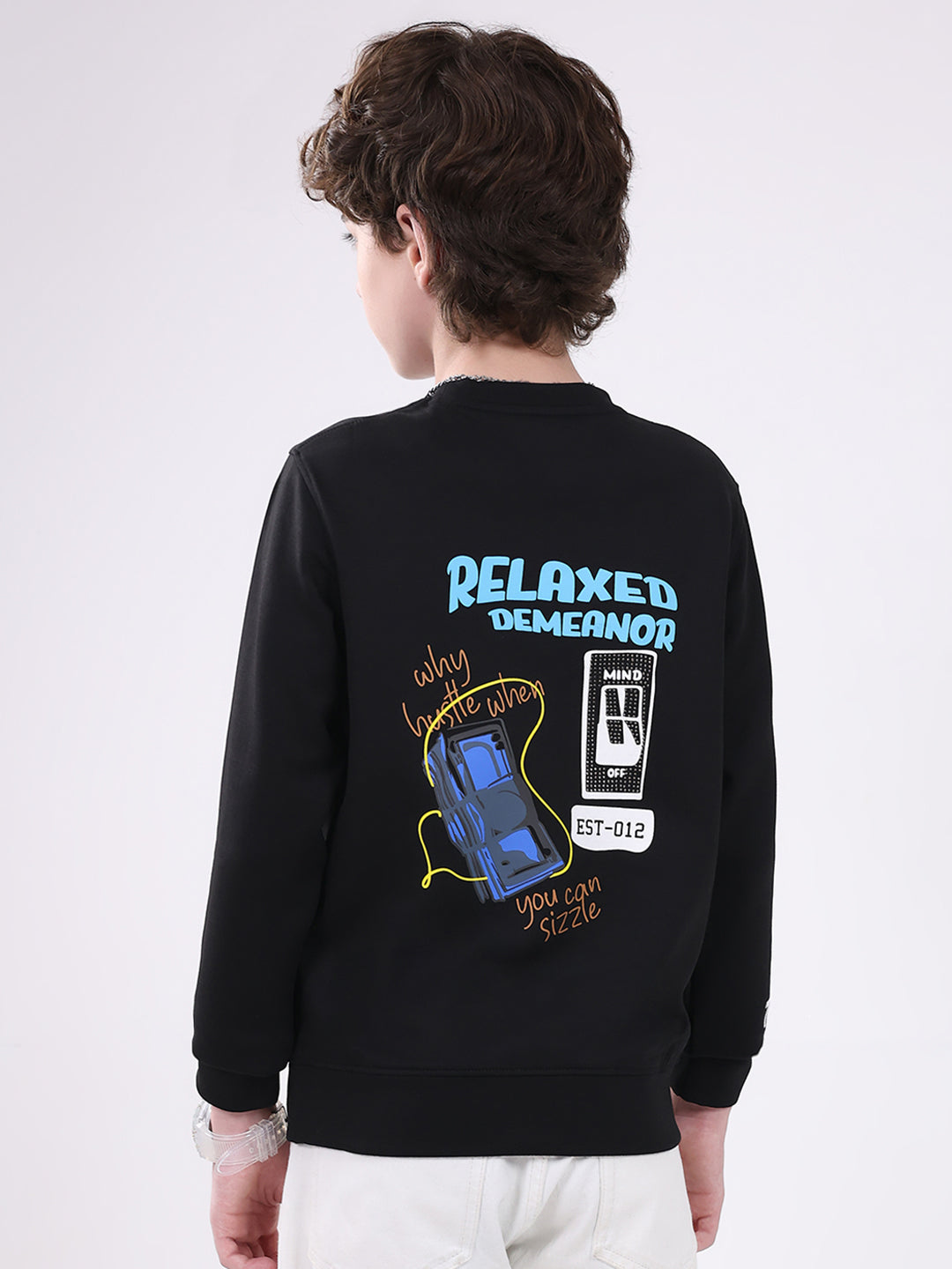 Boys Black Printed Round Neck Full Sleeve Sweatshirt