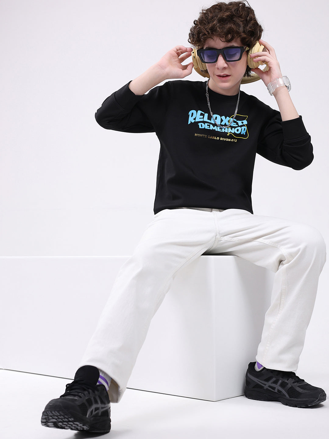 Boys Black Printed Round Neck Full Sleeve Sweatshirt