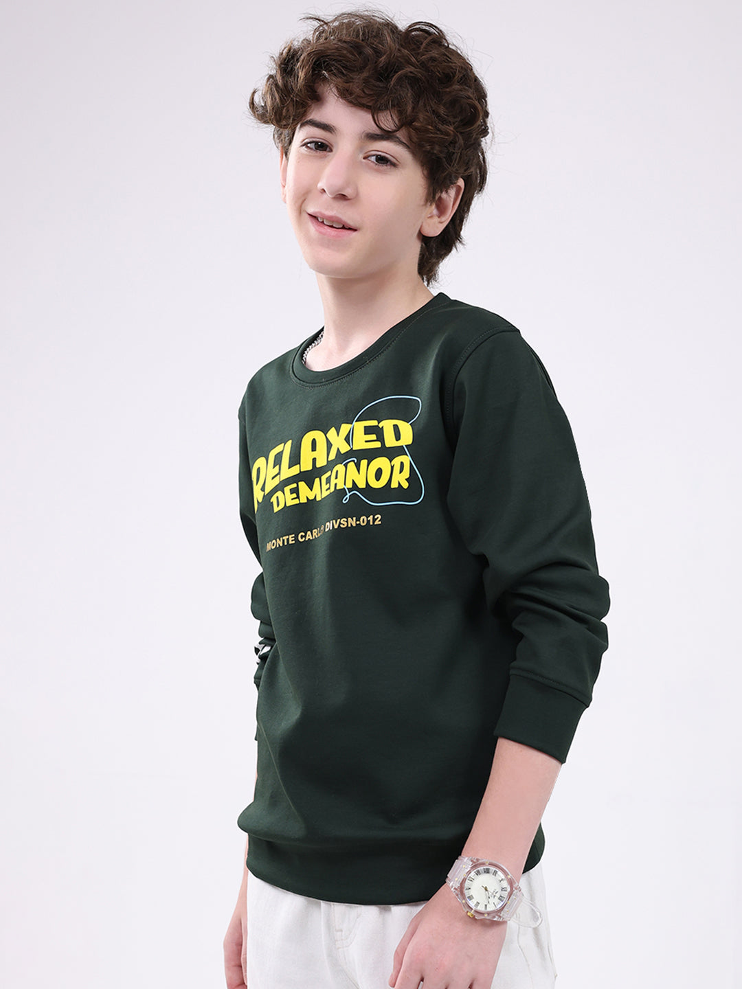 Boys Green Printed Round Neck Full Sleeve Sweatshirt