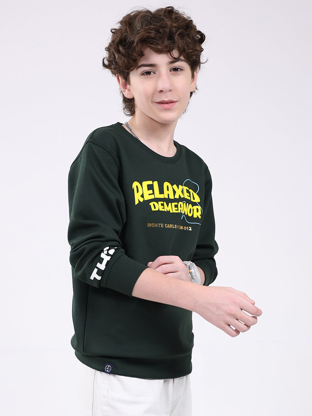 Boys Green Printed Round Neck Full Sleeve Sweatshirt