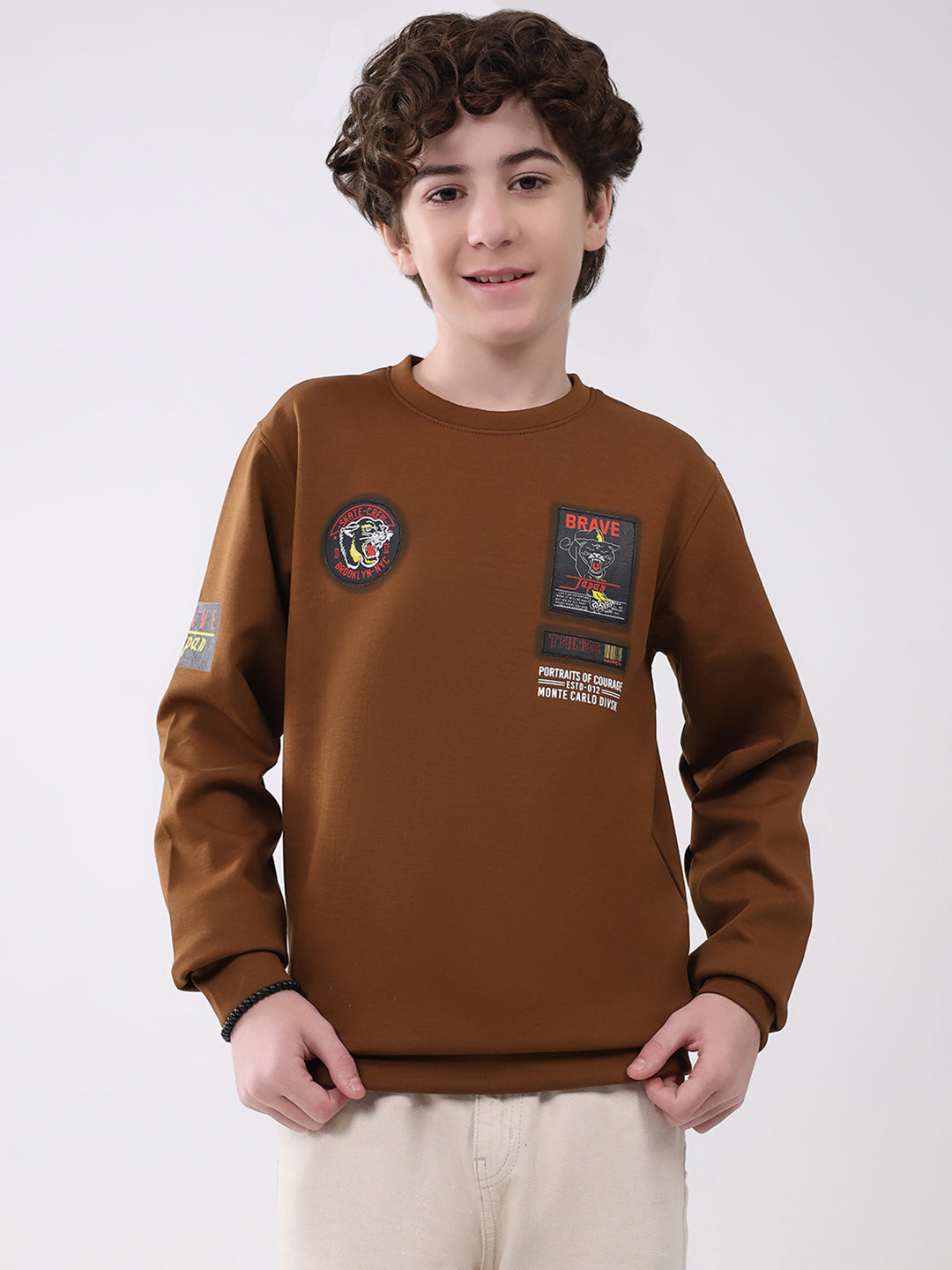 Boys Brown Printed Round Neck Full Sleeve Sweatshirt