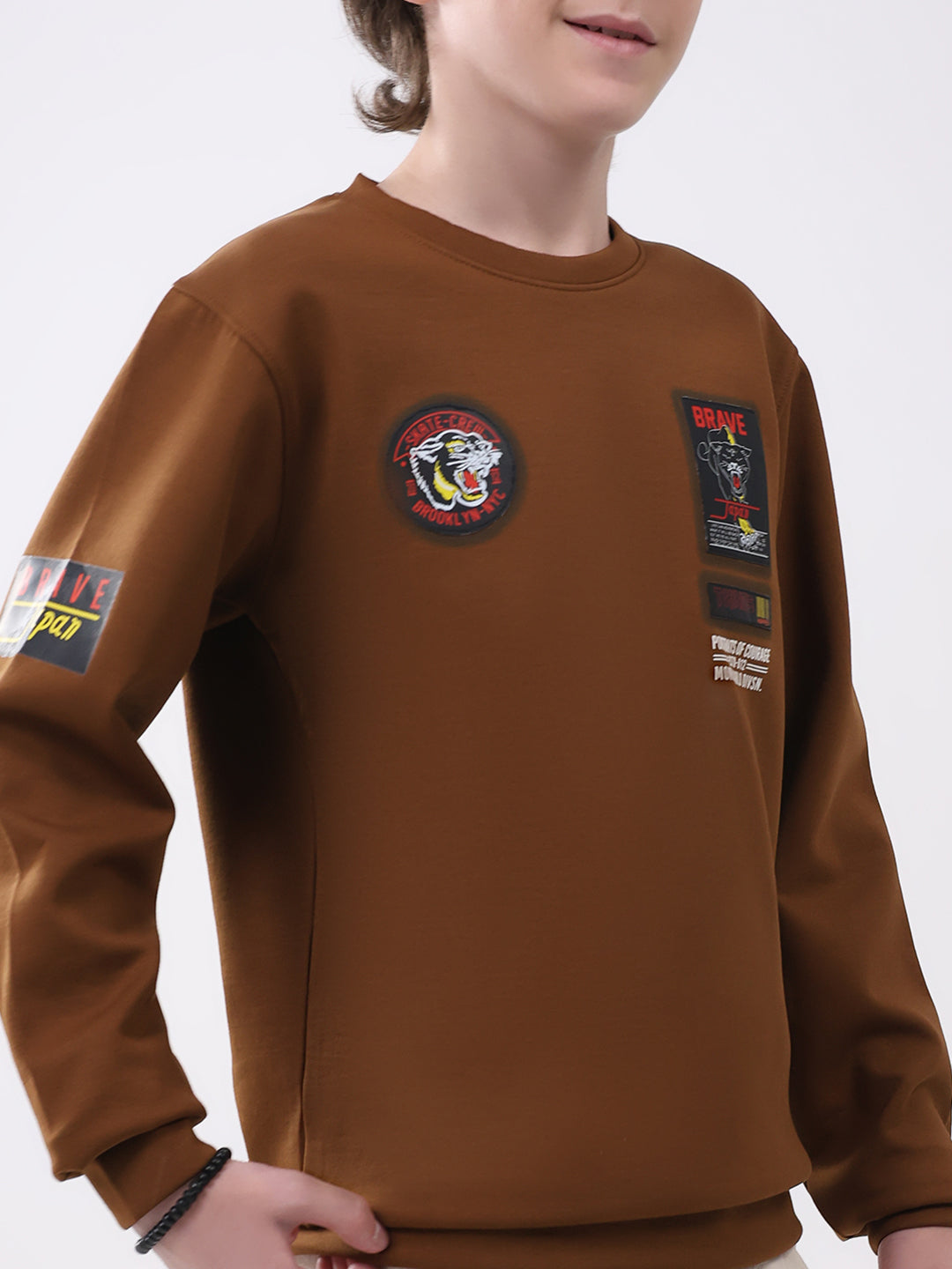 Boys Brown Printed Round Neck Full Sleeve Sweatshirt