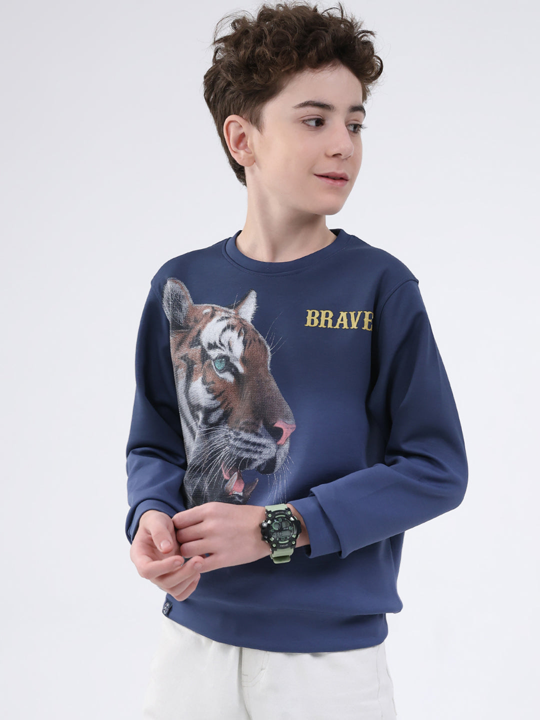 Boys Navy Blue Printed Round Neck Full Sleeve Sweatshirt