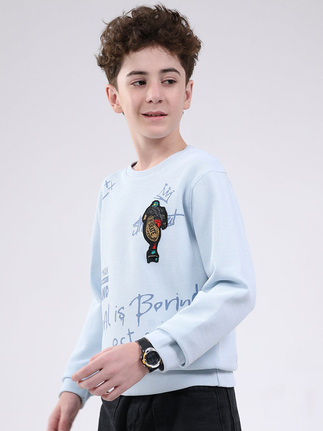 Boys Sky Blue Printed Round Neck Full Sleeve Sweatshirt