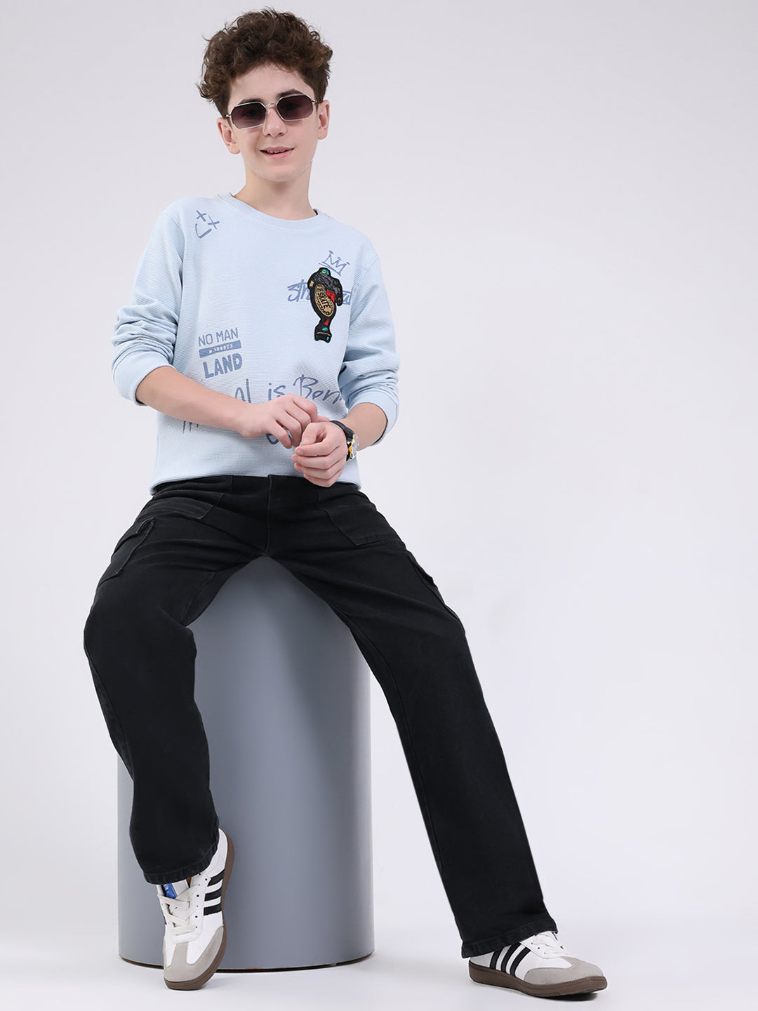 Boys Sky Blue Printed Round Neck Full Sleeve Sweatshirt