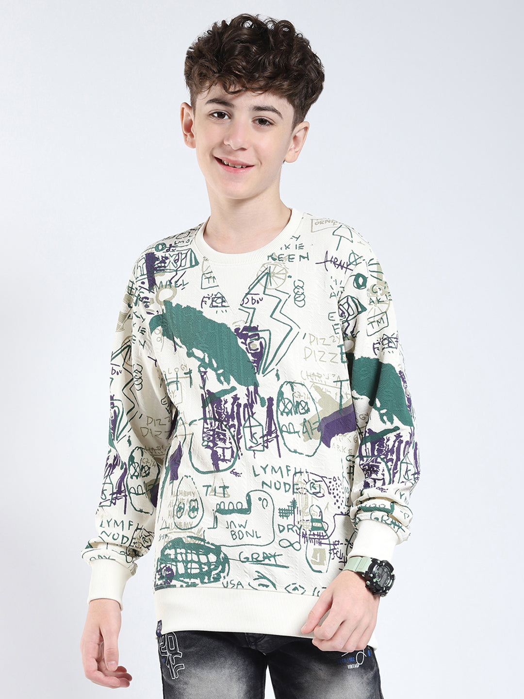 Boys Green Printed Round Neck Full Sleeve Sweatshirt