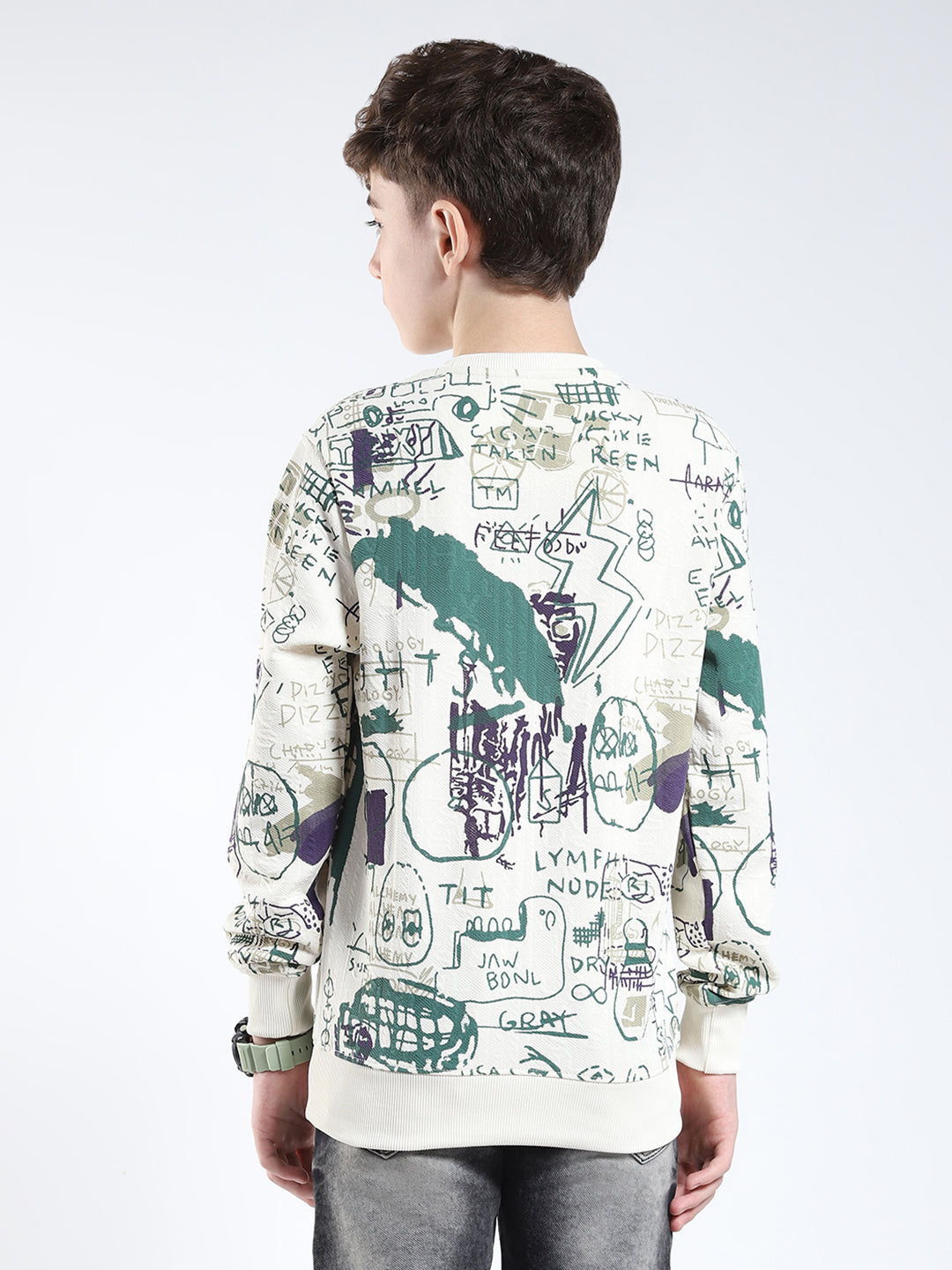 Boys Green Printed Round Neck Full Sleeve Sweatshirt