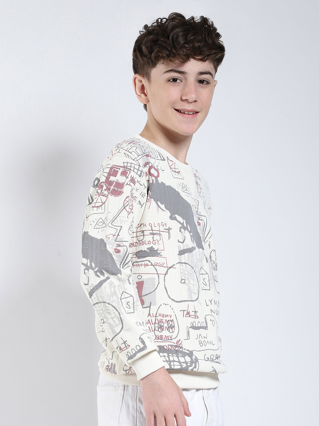 Boys Maroon Printed Round Neck Full Sleeve Sweatshirt