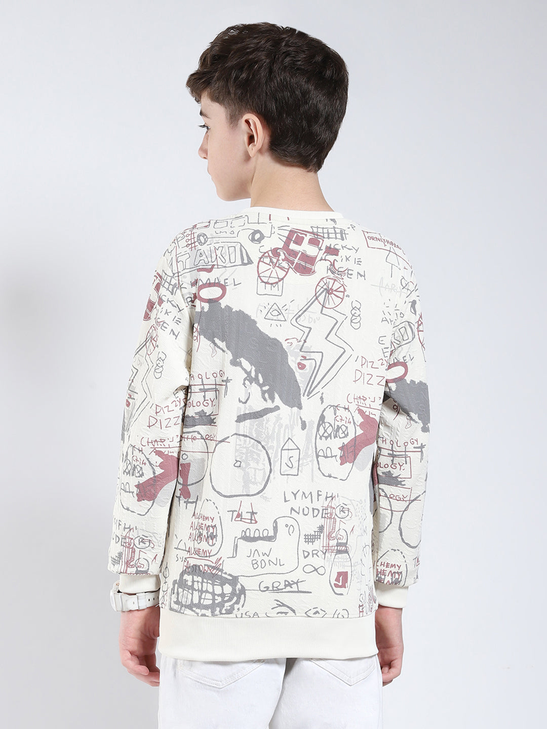 Boys Maroon Printed Round Neck Full Sleeve Sweatshirt