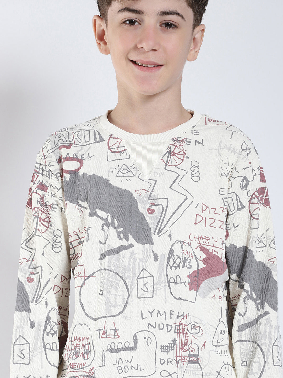 Boys Maroon Printed Round Neck Full Sleeve Sweatshirt