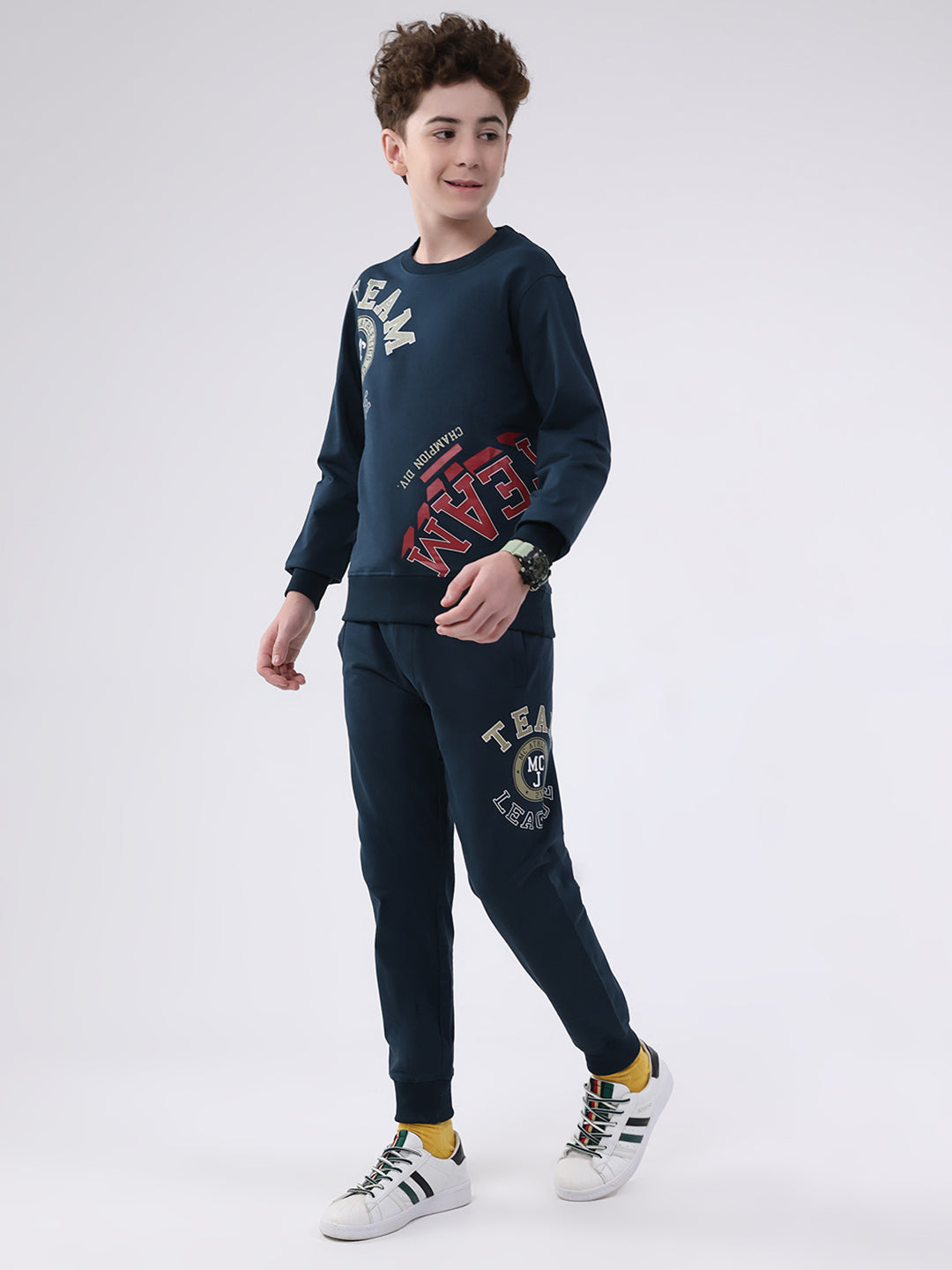Boys Teal Blue Printed Round Neck Full Sleeve Cords Set