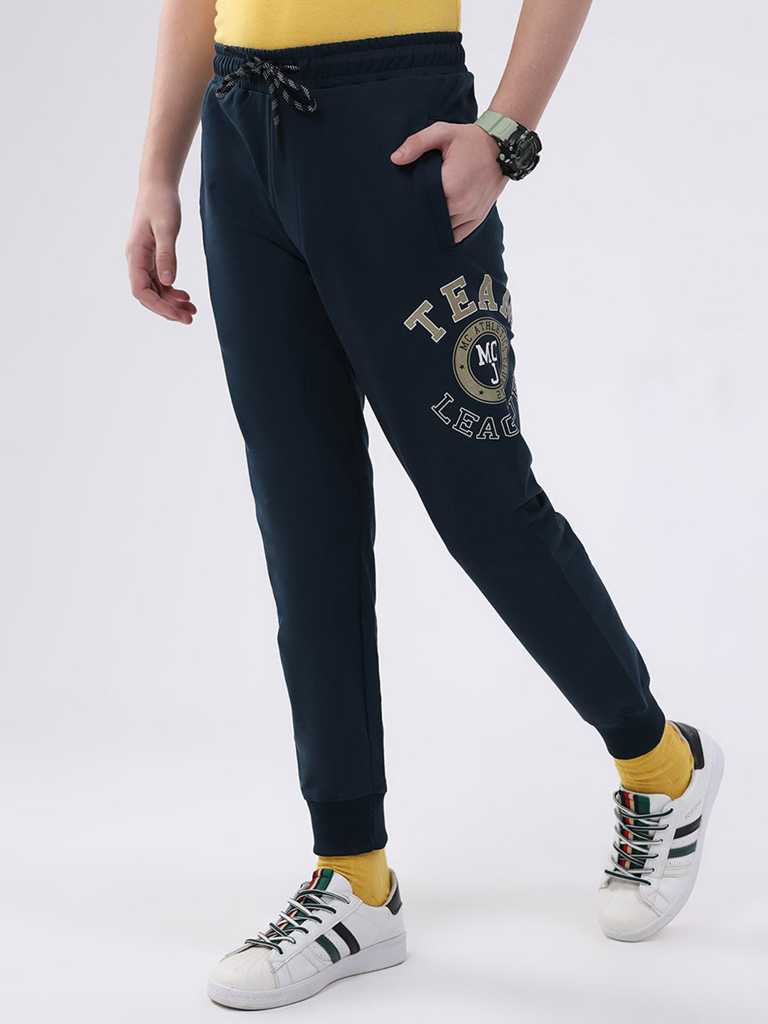 Boys Teal Blue Printed Round Neck Full Sleeve Cords Set