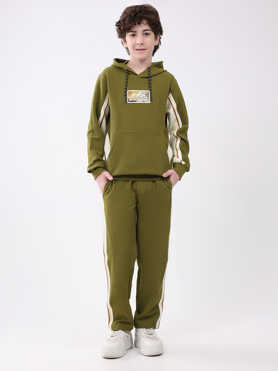 Boys Green Self Design Hooded Full Sleeve Cords Set