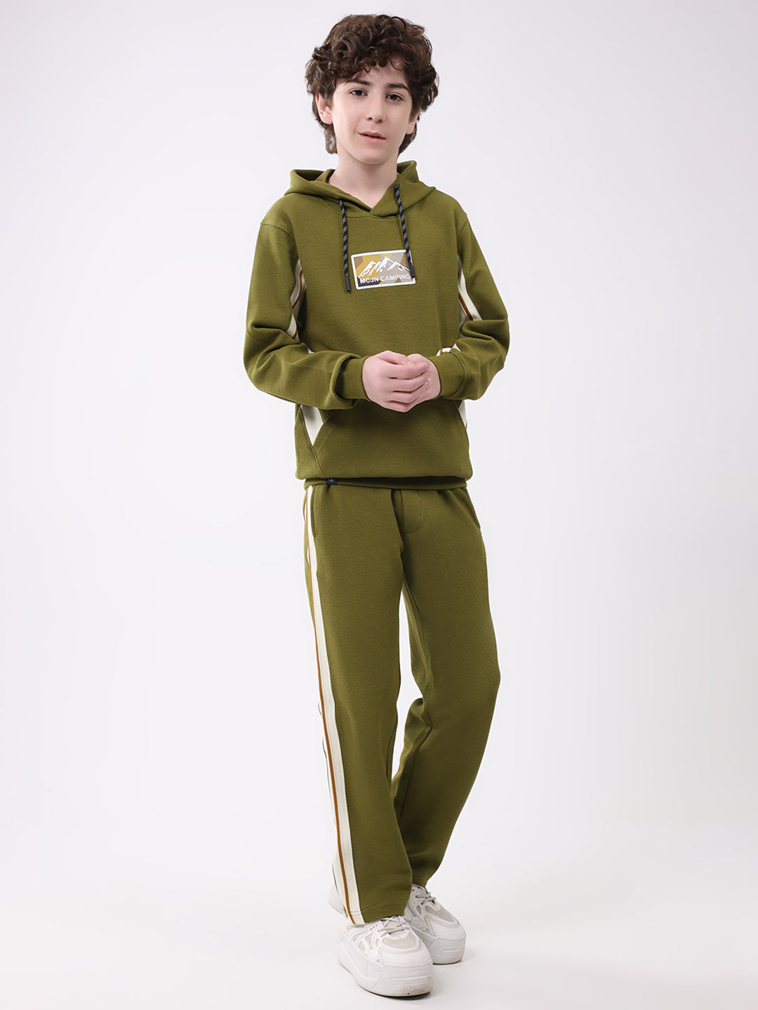 Boys Green Self Design Hooded Full Sleeve Cords Set