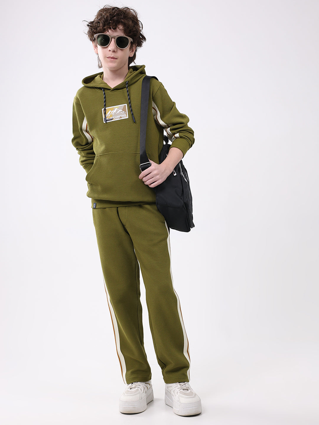 Boys Green Self Design Hooded Full Sleeve Cords Set