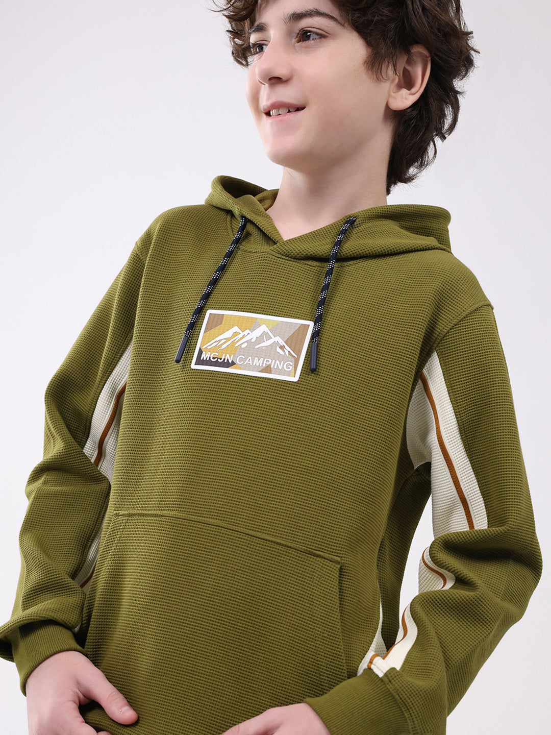 Boys Green Self Design Hooded Full Sleeve Cords Set