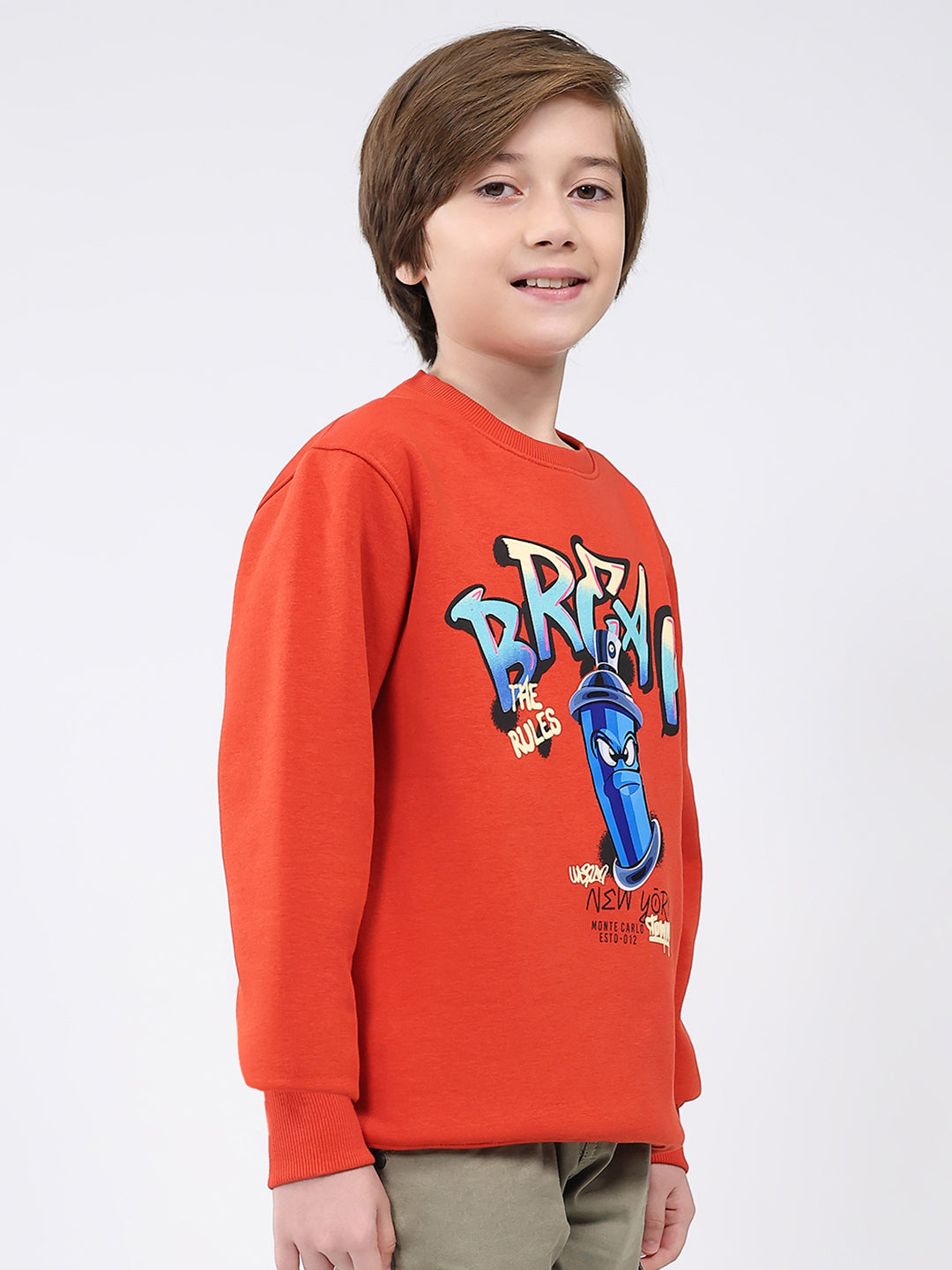 Boys Rust Printed Round Neck Full Sleeve Sweatshirt