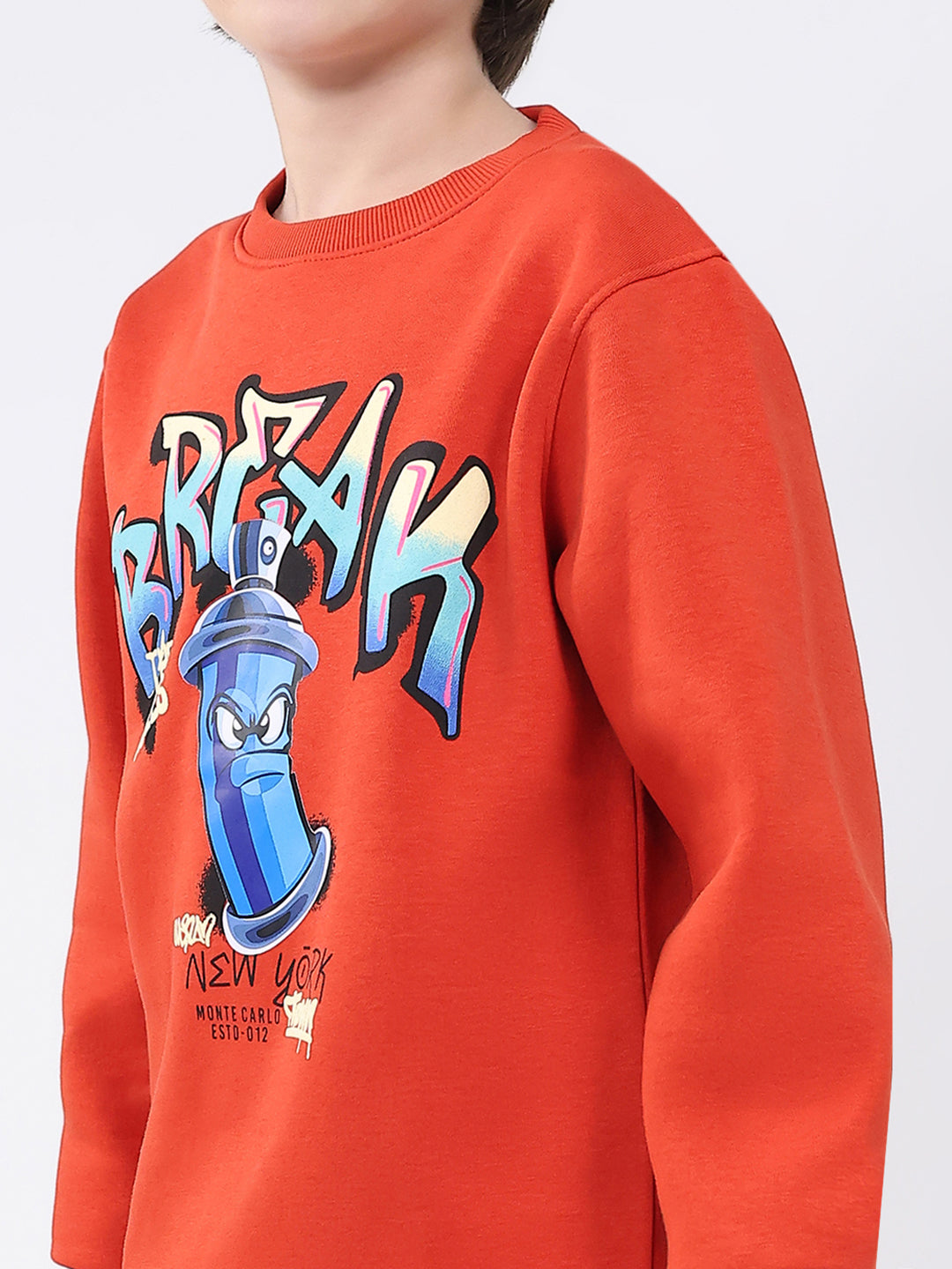 Boys Rust Printed Round Neck Full Sleeve Sweatshirt