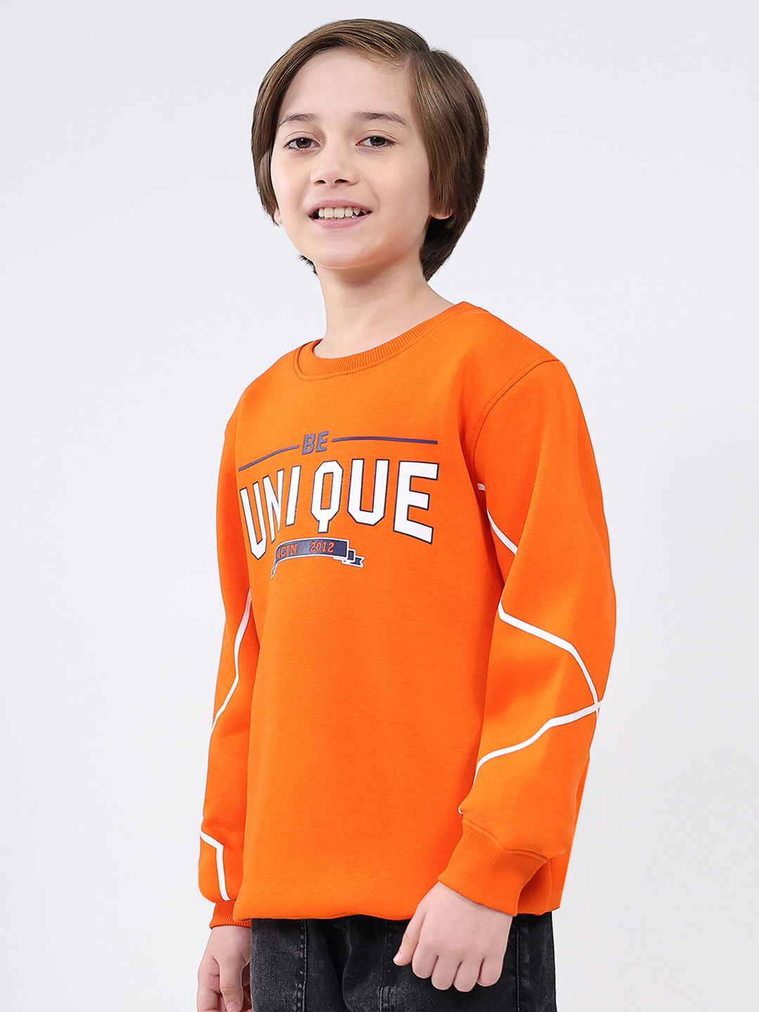 Boys Orange Printed Round Neck Full Sleeve Sweatshirt