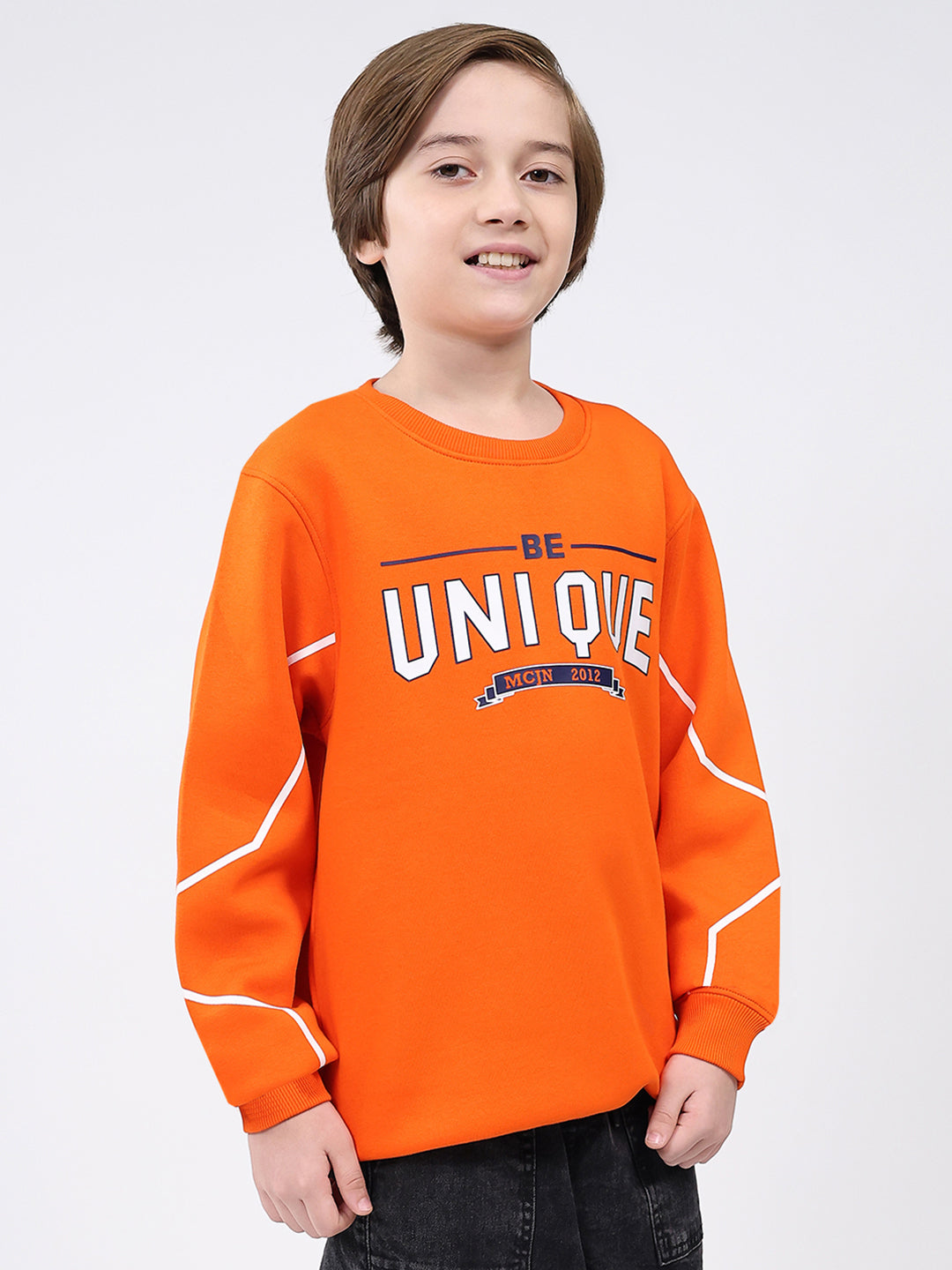 Boys Orange Printed Round Neck Full Sleeve Sweatshirt