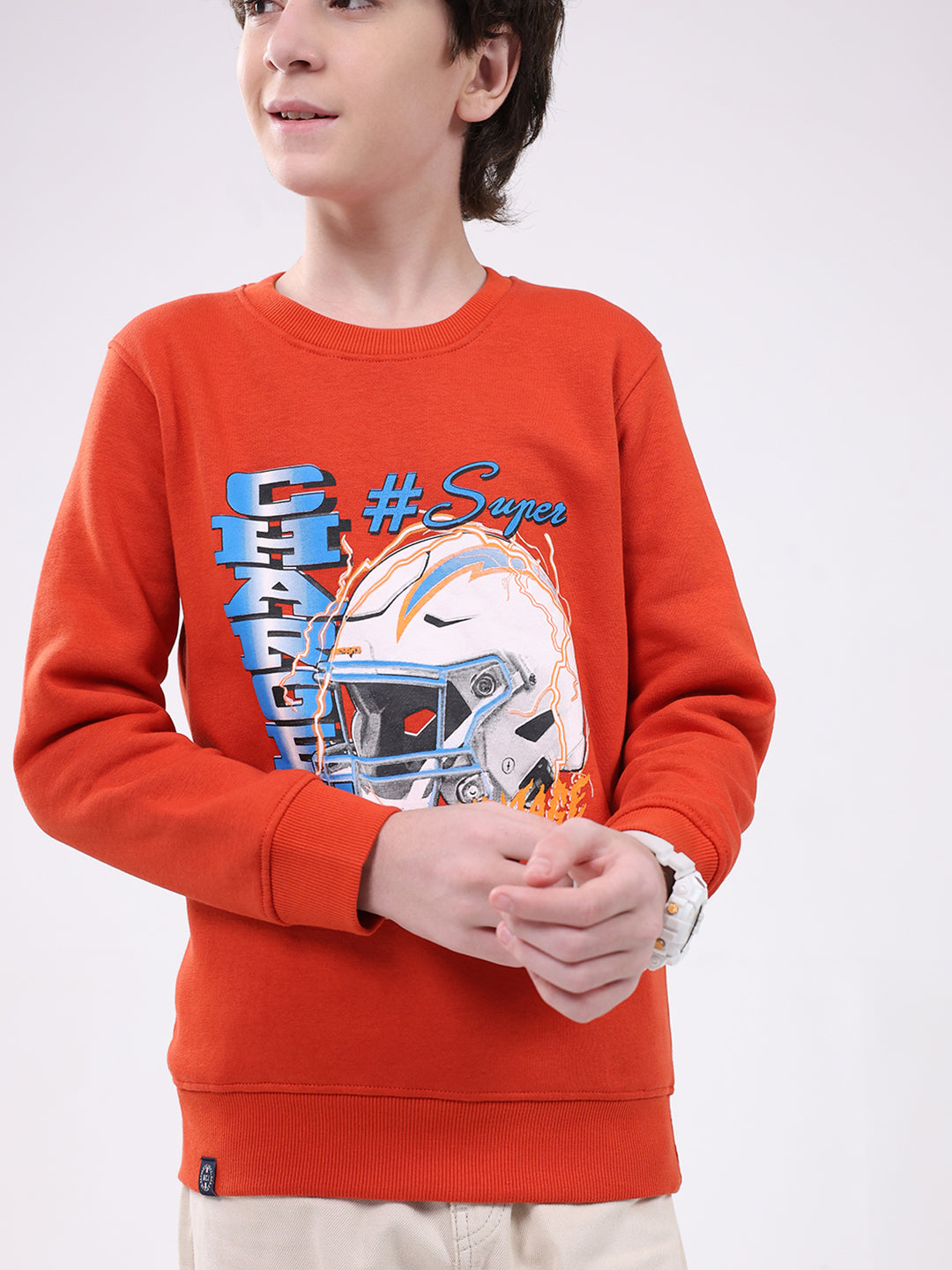 Boys Orange Printed Round Neck Full Sleeve Sweatshirt