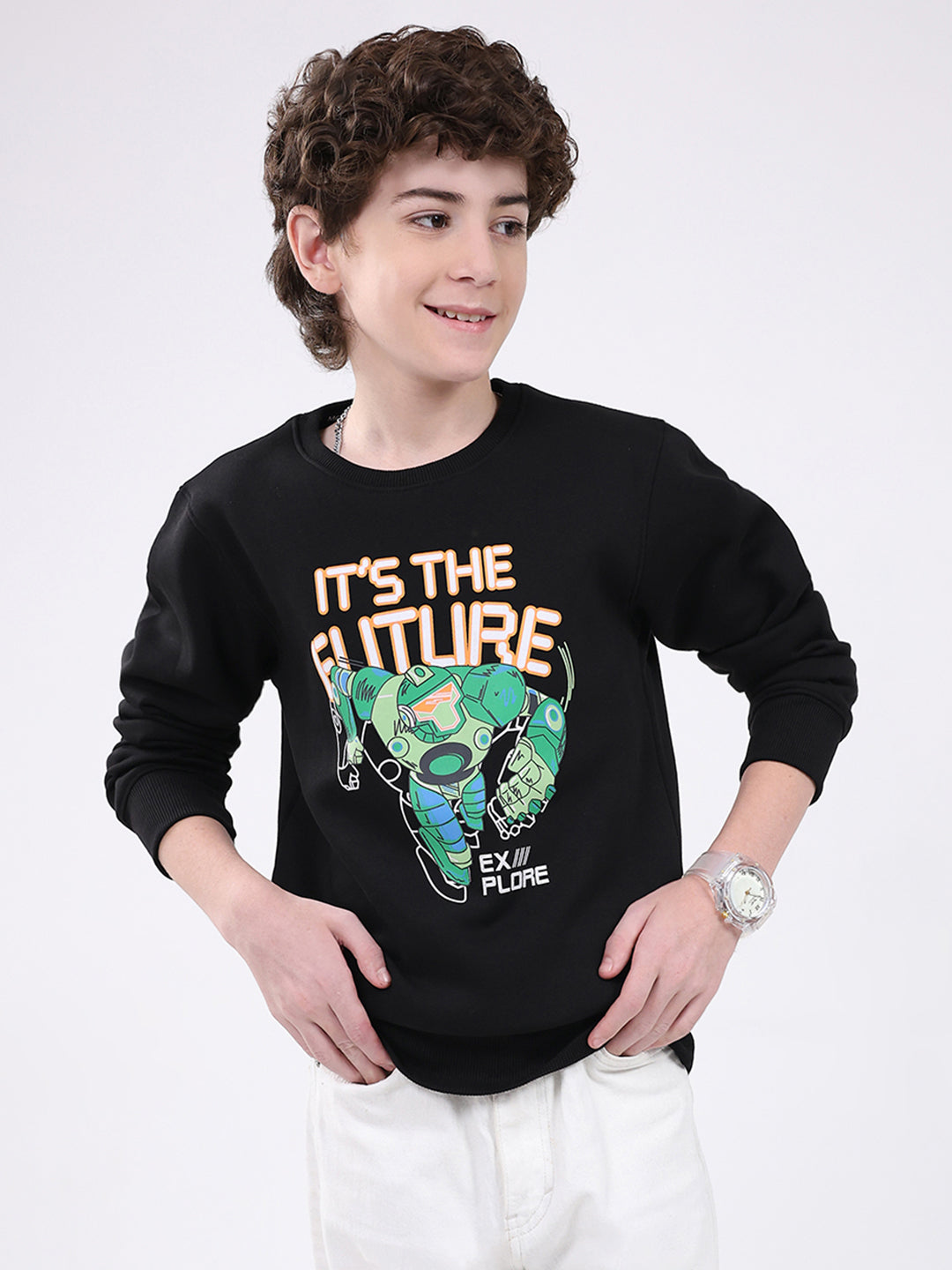 Boys Black Printed Round Neck Full Sleeve Sweatshirt