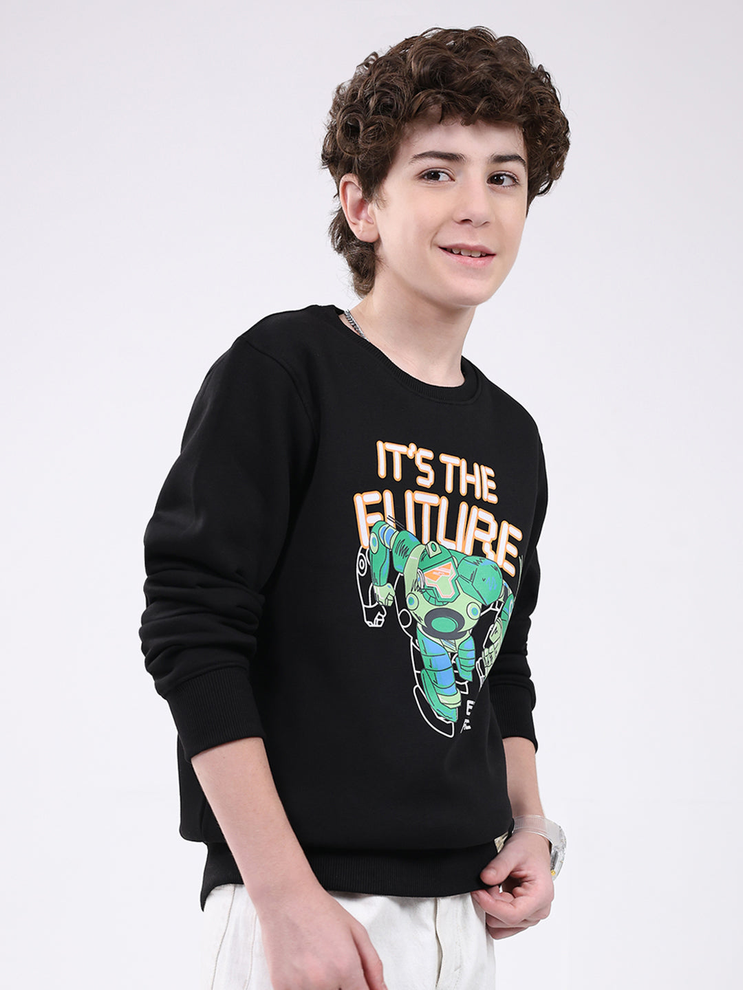 Boys Black Printed Round Neck Full Sleeve Sweatshirt