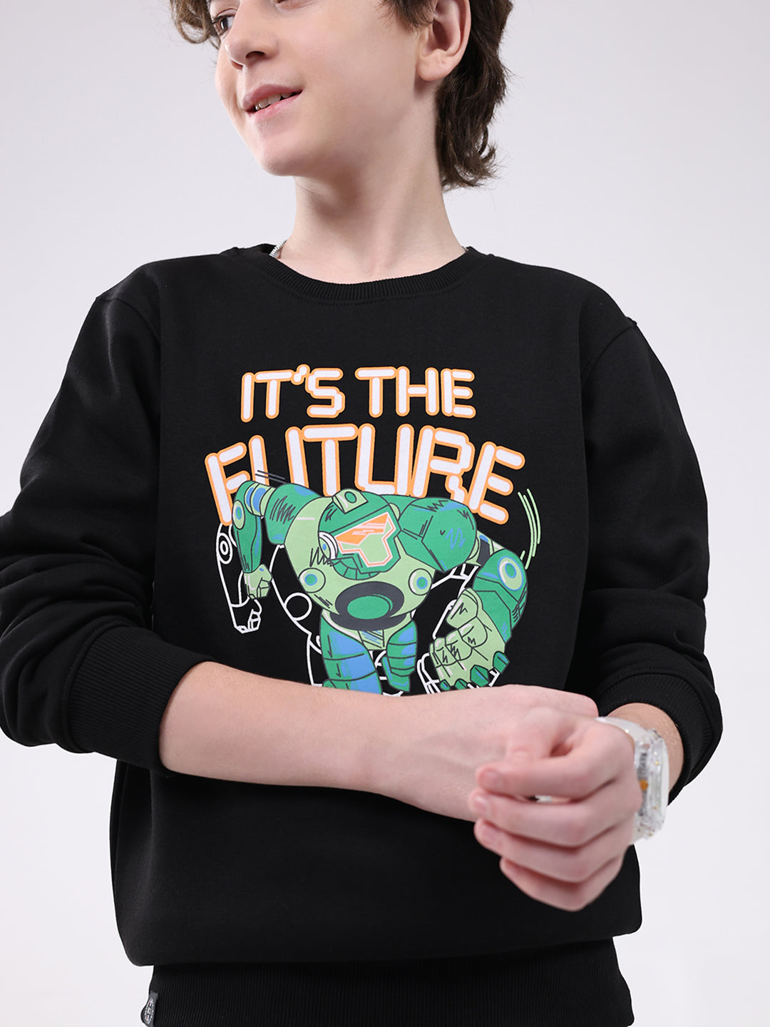 Boys Black Printed Round Neck Full Sleeve Sweatshirt