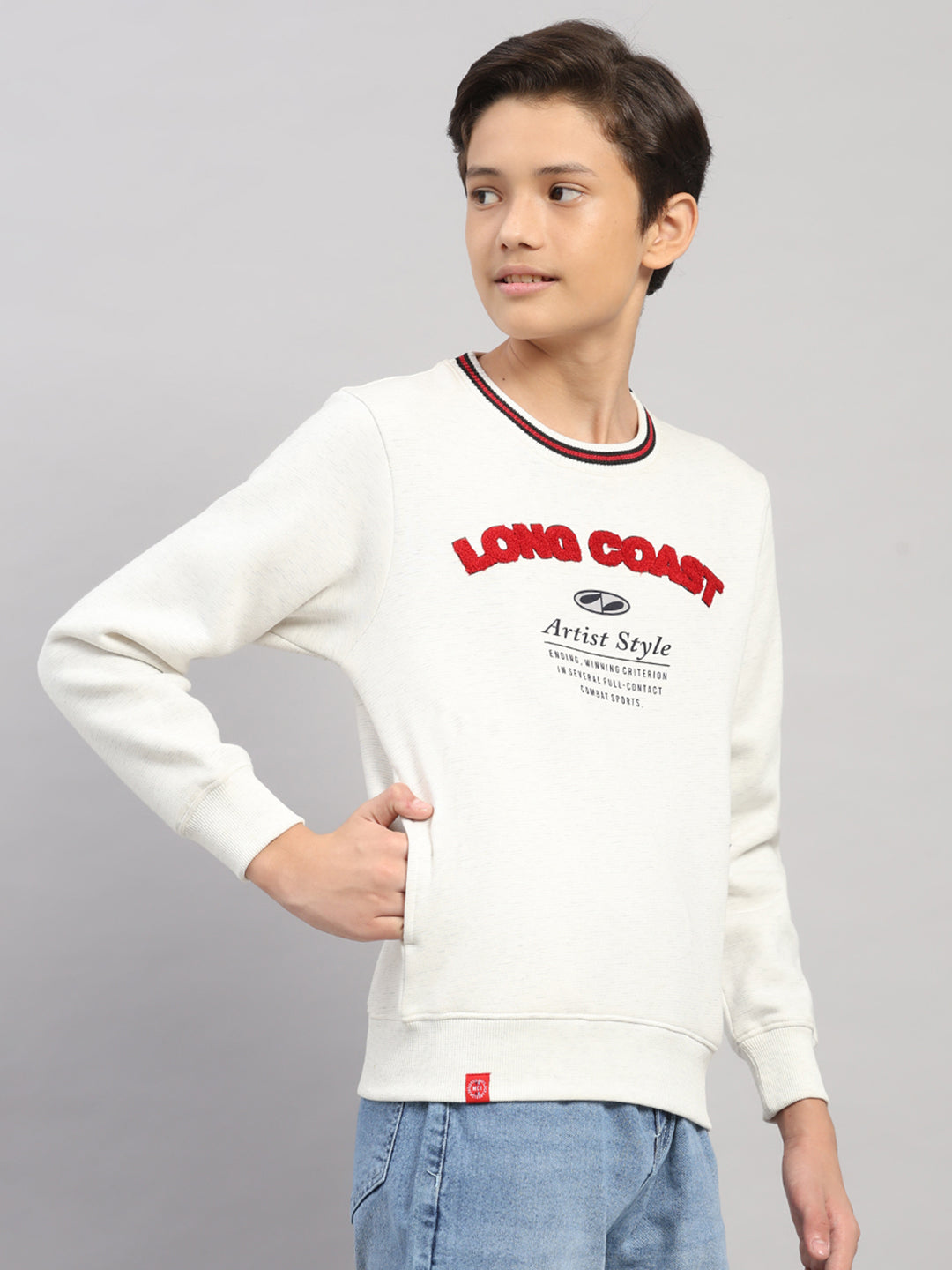 Boys Off White Printed Round Neck Full Sleeve Sweatshirt