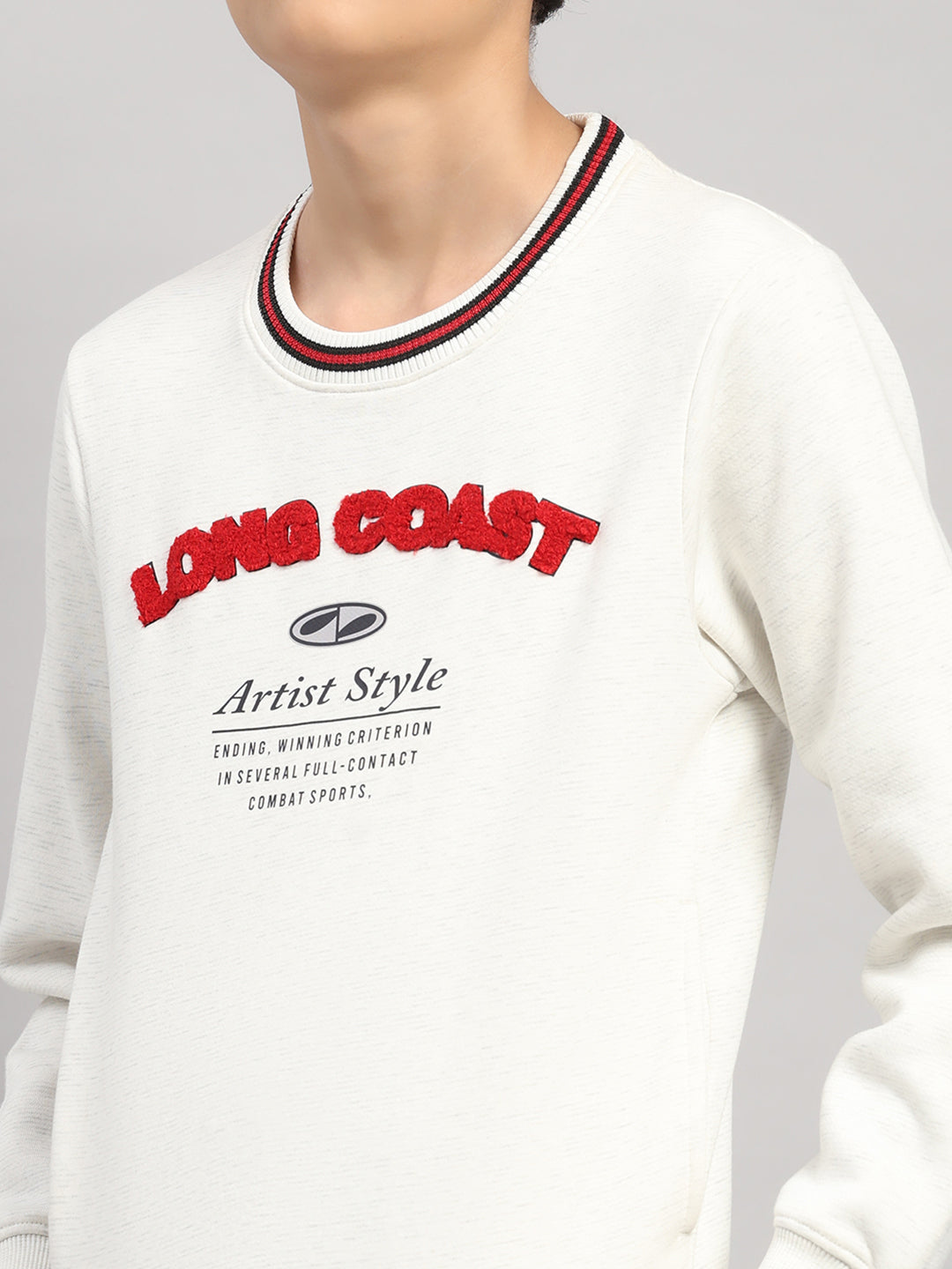 Boys Off White Printed Round Neck Full Sleeve Sweatshirt