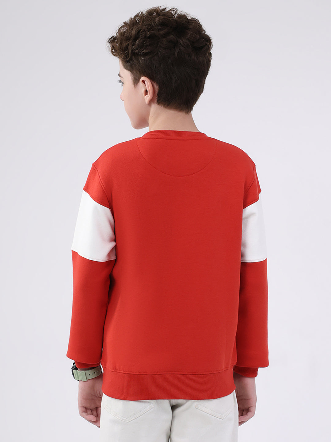 Boys Red Printed Round Neck Full Sleeve Sweatshirt