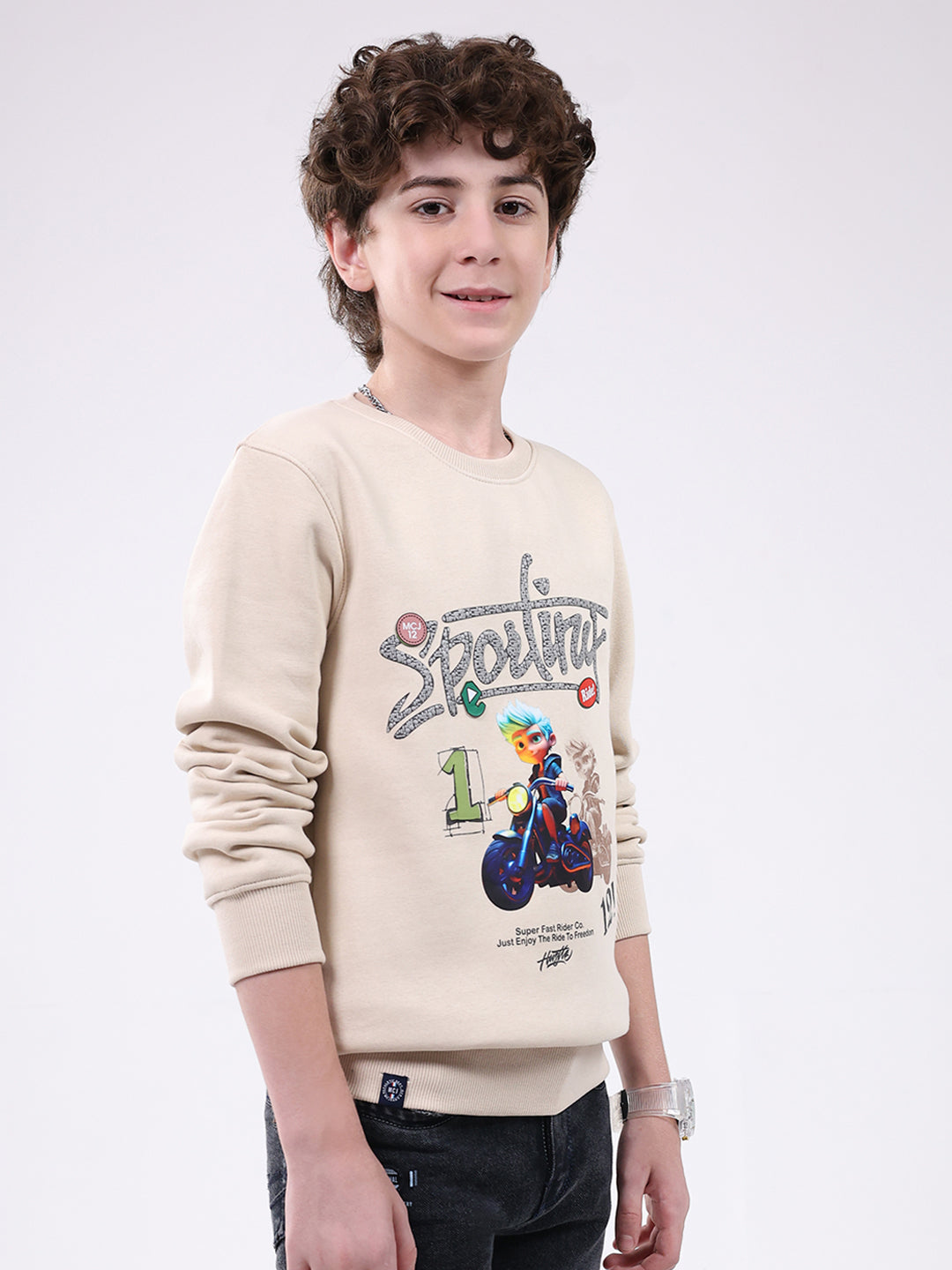 Boys Beige Printed Round Neck Full Sleeve Sweatshirt